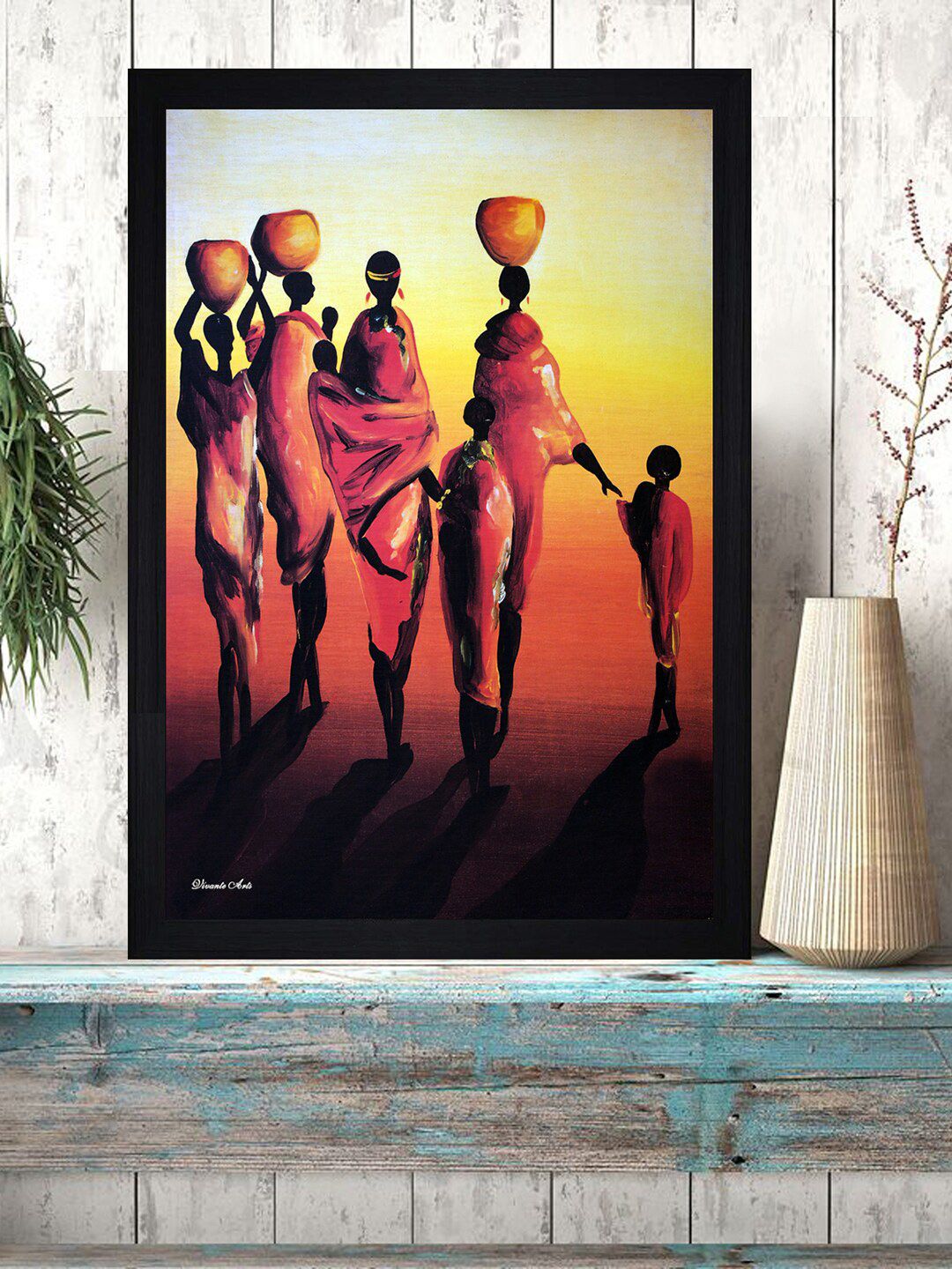 Gallery99 Pink & Black Abstract Village Ladies And Children Printed Framed Wall Art-picture-13