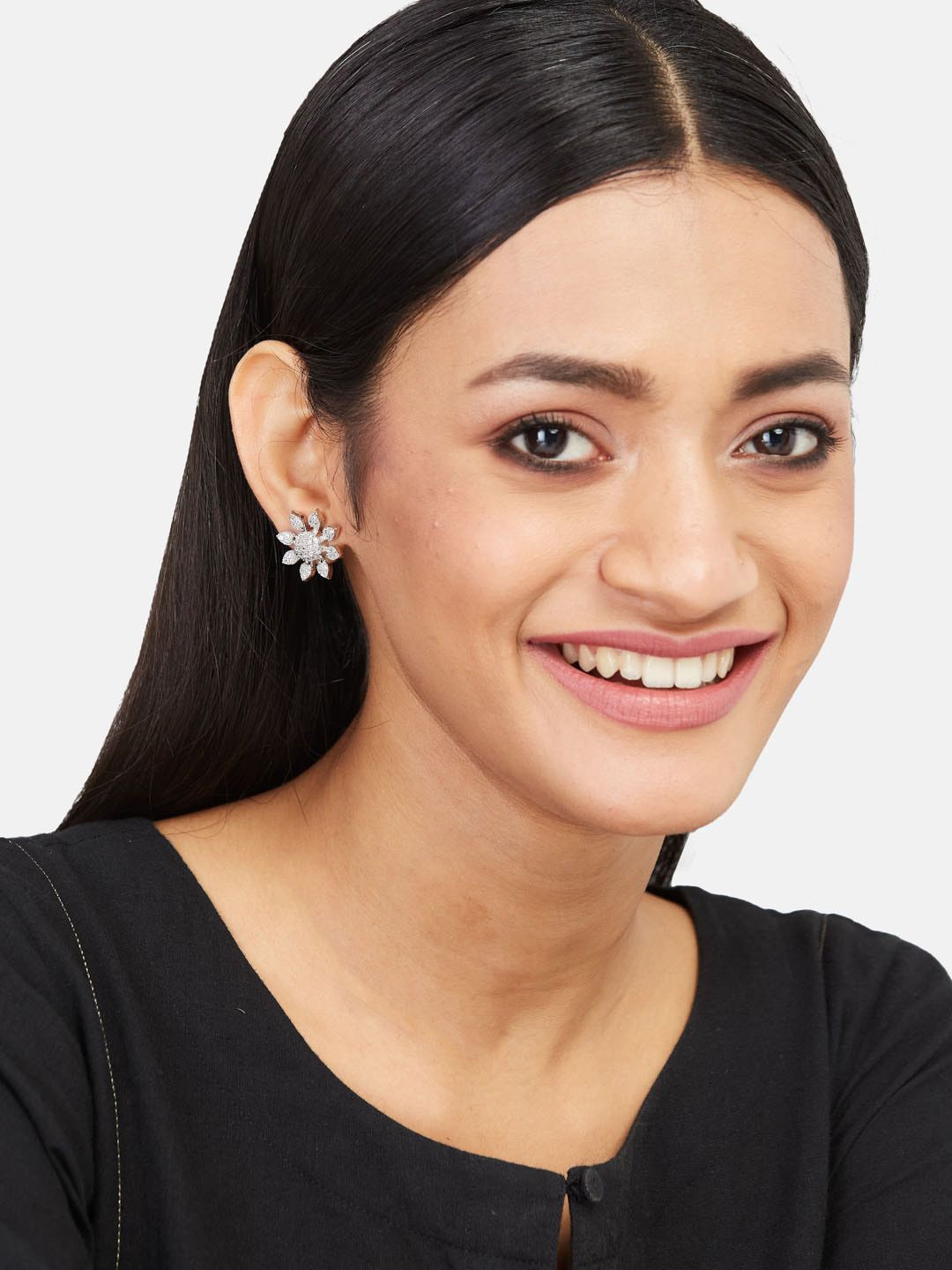 ATIBELLE Silver-Plated Cubic Zirconia Contemporary Studs Earrings