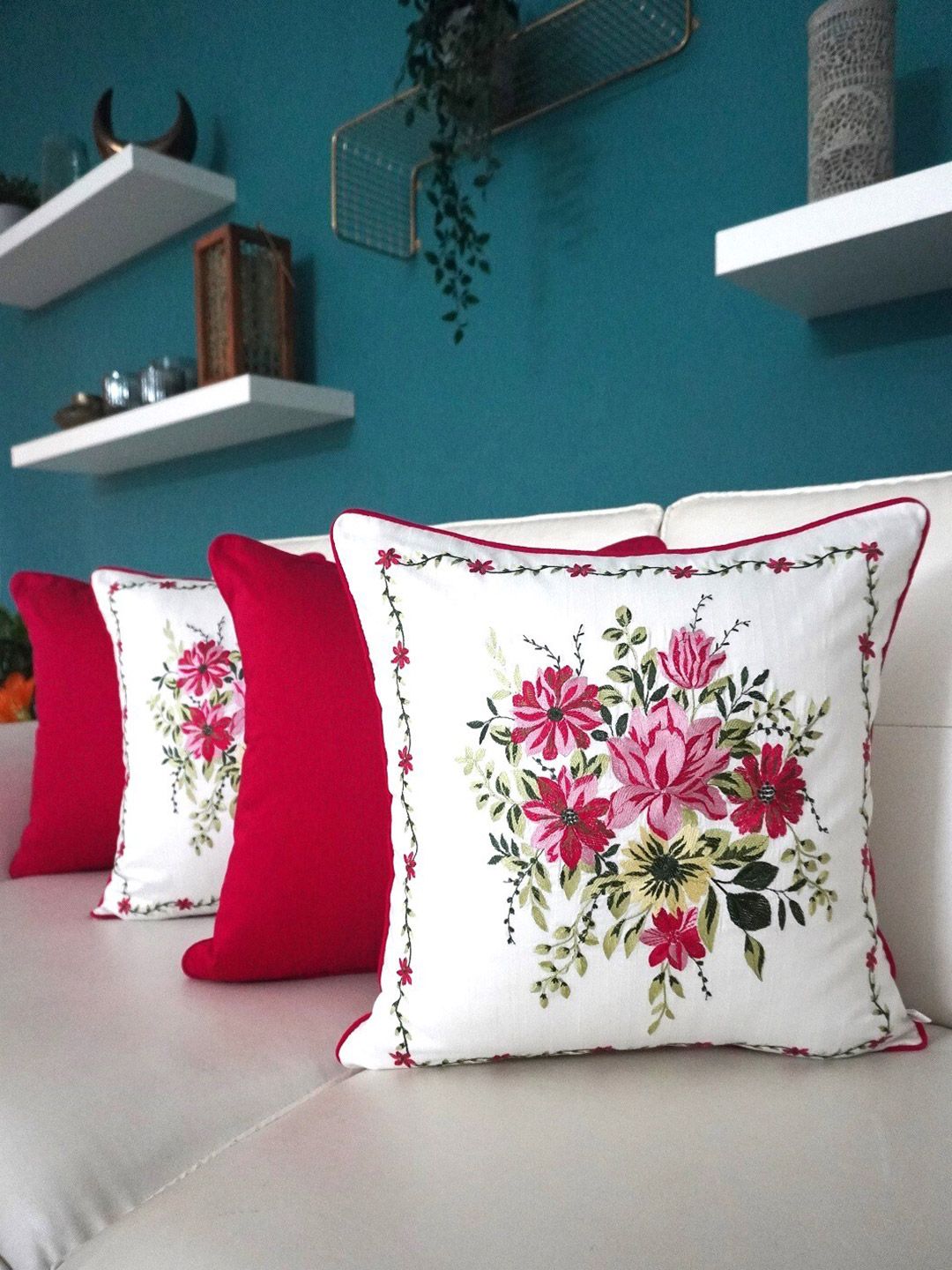 TARA- Sparkling Homes 4 Pcs Pink & White Floral Square Cushion Covers-image-5