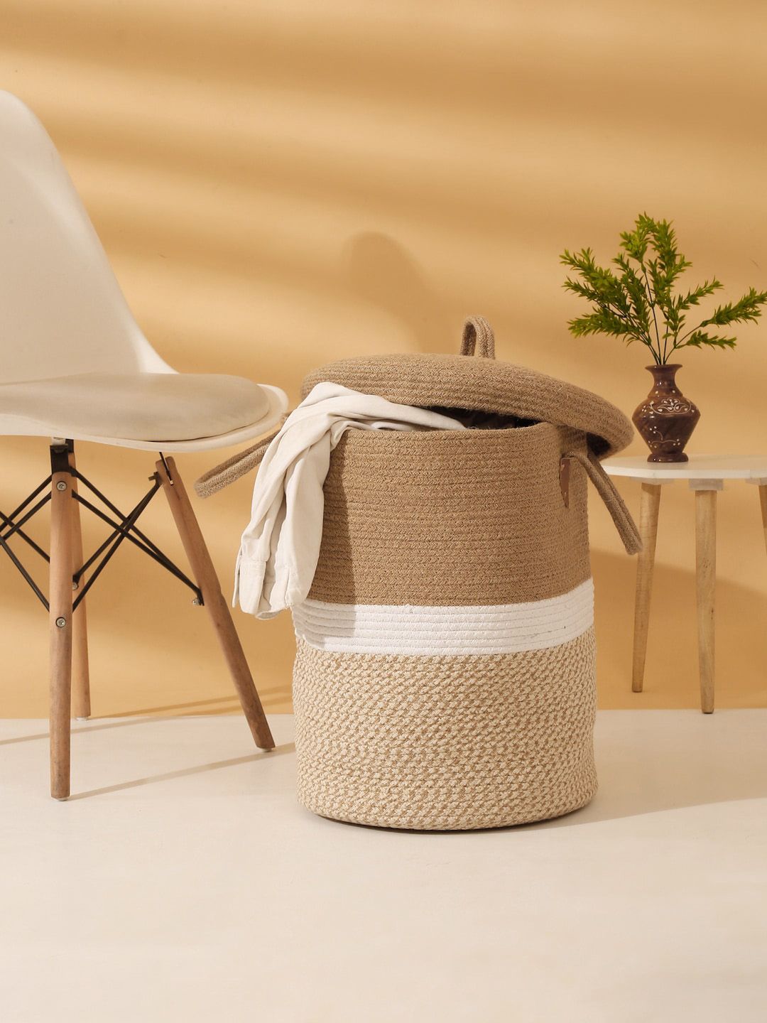 HOSTA HOMES Brown & Beige Woven Design Laundry Bag With Cover-image-9