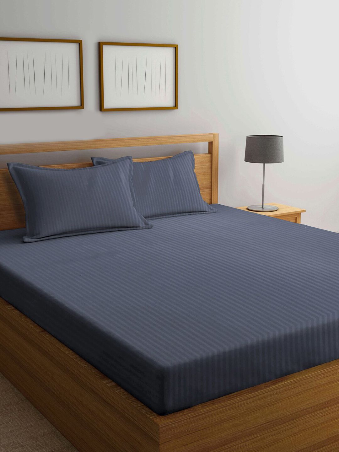 KLOTTHE Grey Striped 300 TC Fitted King Bedsheet With Pillow Cover-picture-33