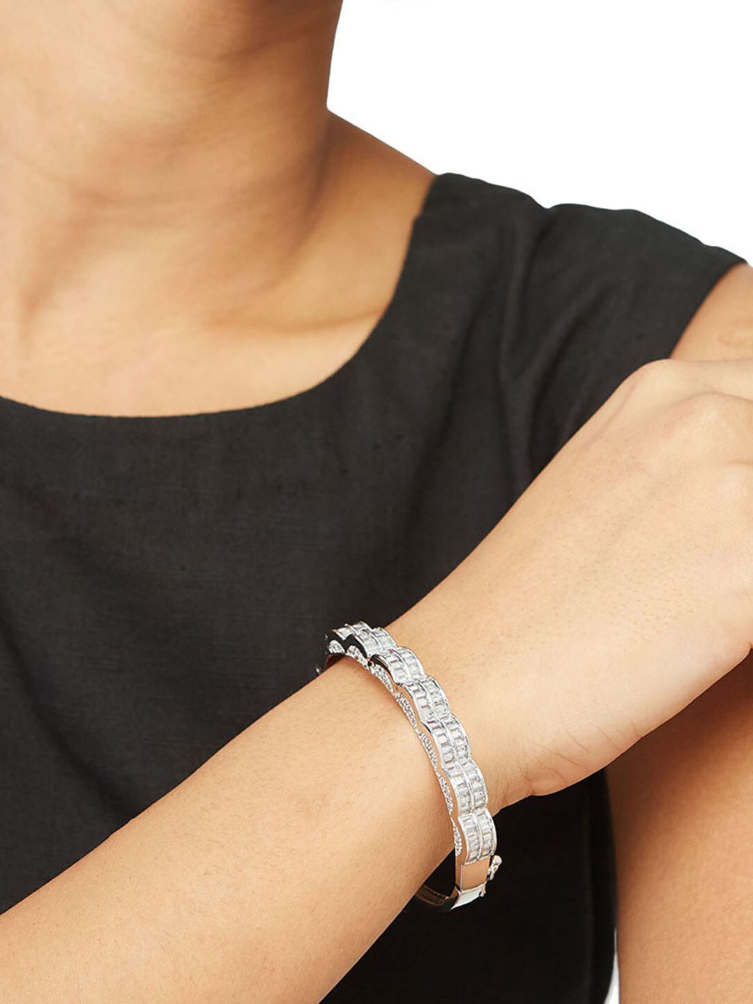 ATIBELLE Rhodium-Plated Cubic Zirconia Studded Bangle-Style Bracelet