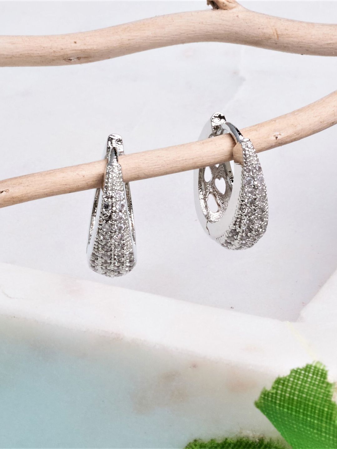 ATIBELLE Silver-Plated Cubic Zirconia Contemporary Hoop Earrings