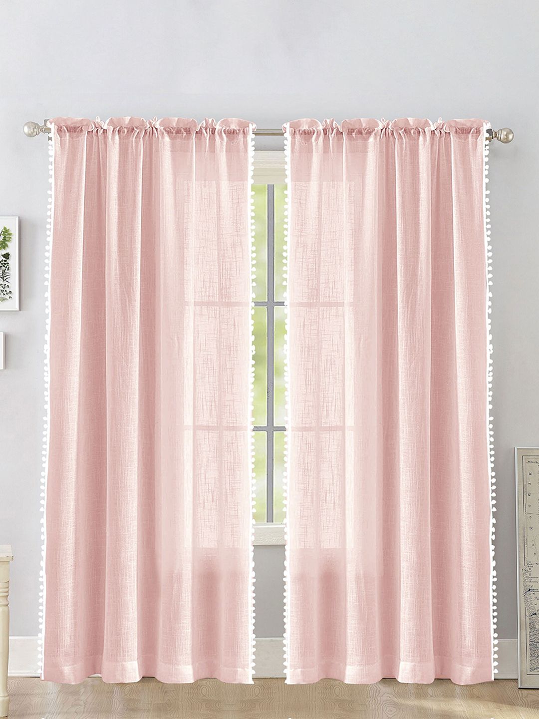 HOMEMONDE 2 Pcs Pink & White Sheer Cotton Door Curtain-picture-28