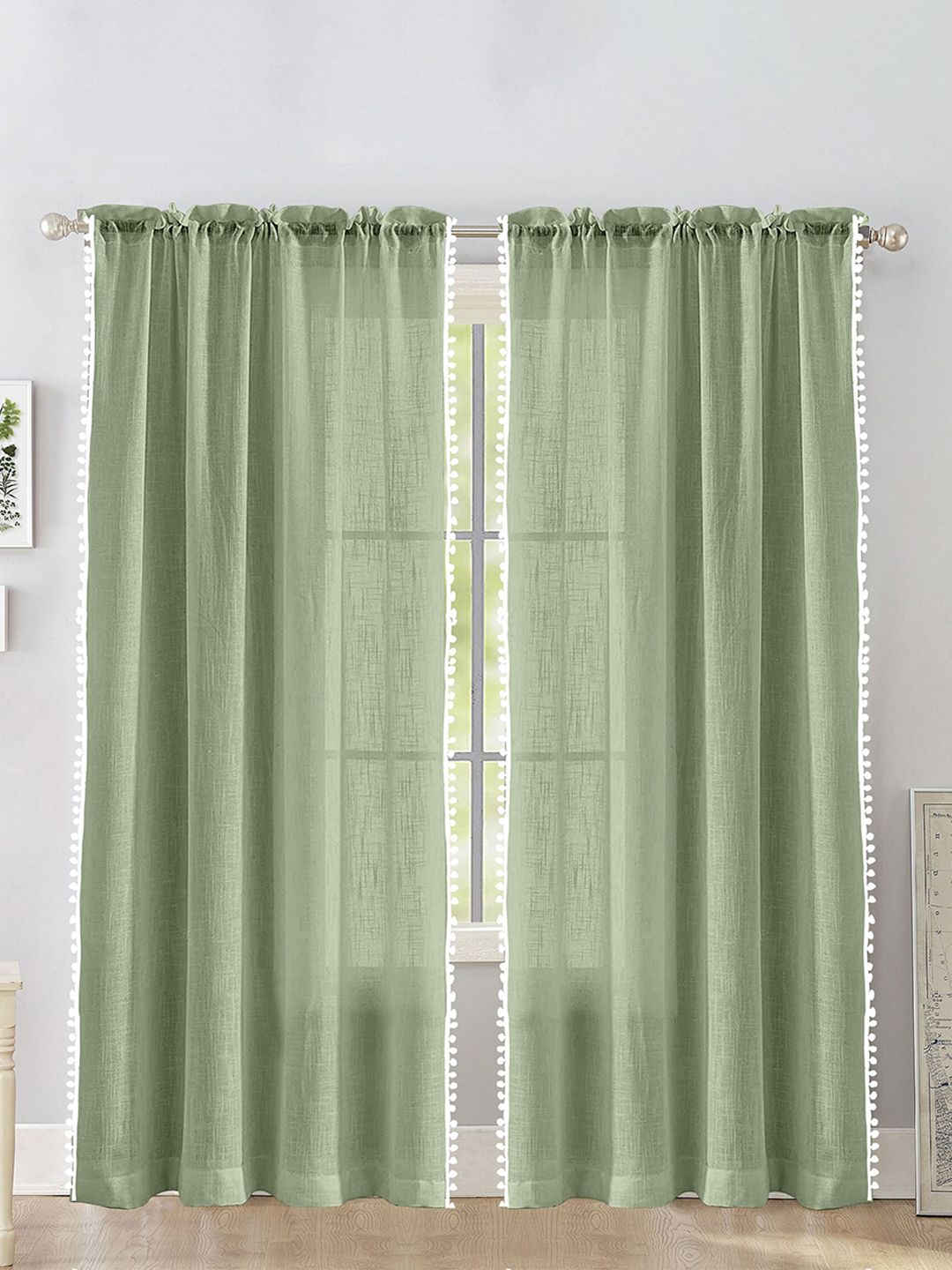 HOMEMONDE Green & White 2 Pieces Cotton Pompom Border Sheer Door Curtains-picture-30