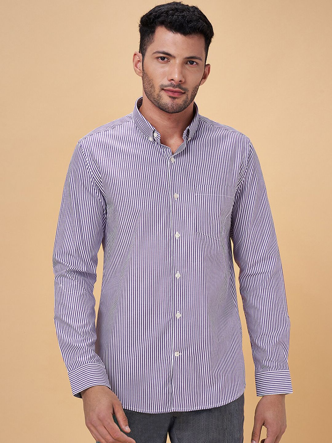 Peregrine by Pantaloons Grey Cotton Slim Fit Striped Shirt