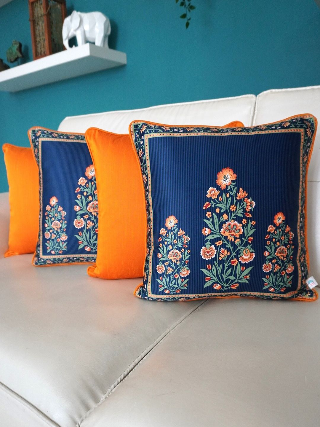 TARA- Sparkling Homes Blue & Orange 4-Pieces Ethnic Motifs Square Cushion Covers