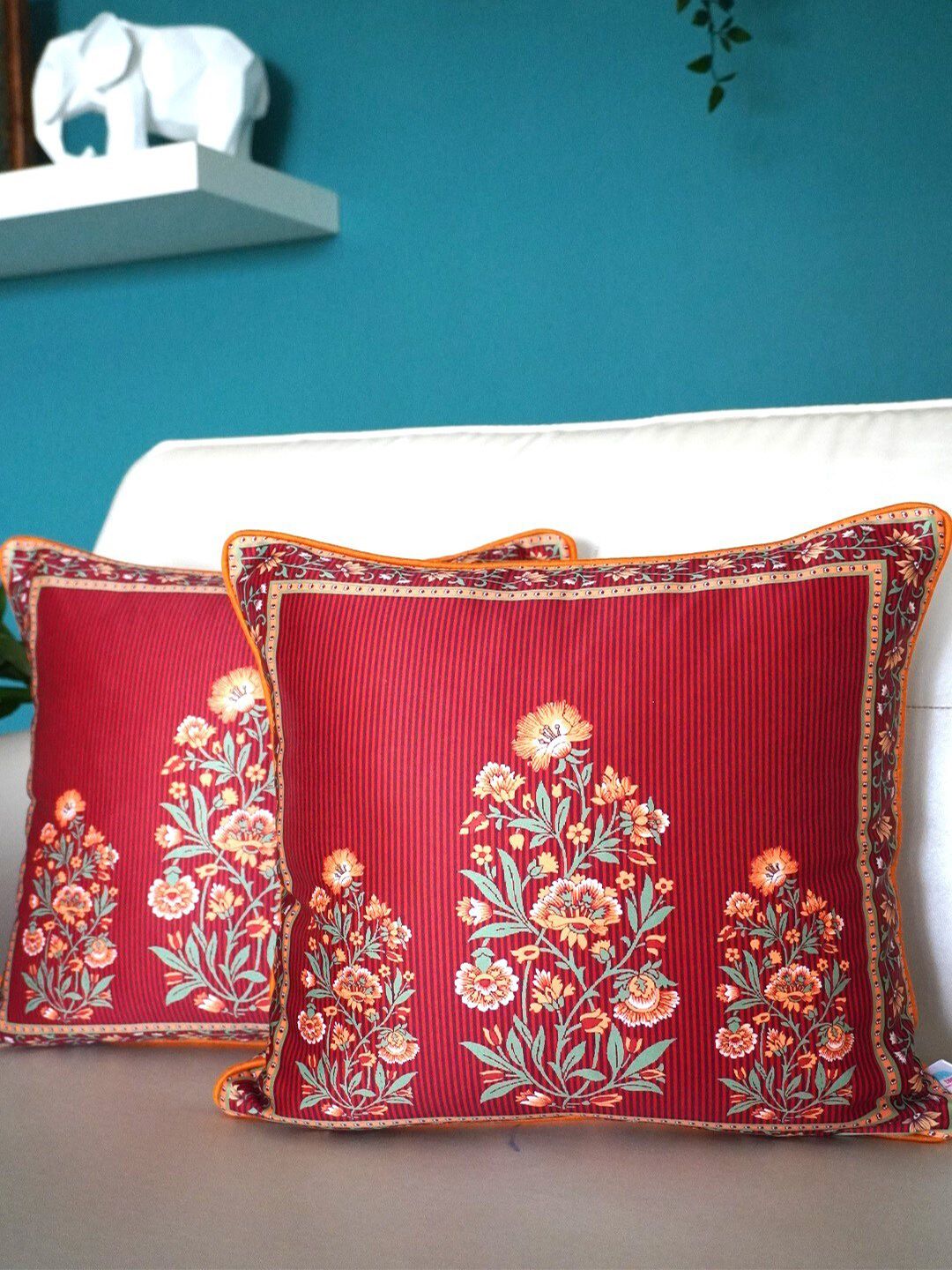TARA- Sparkling Homes Red & Green 2-Pieces Floral Square Cushion Covers-image-12