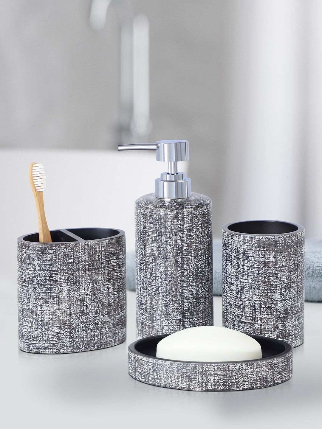 OBSESSIONS Charcoal 4 Pieces Textured Bath Accessories Set-picture-19