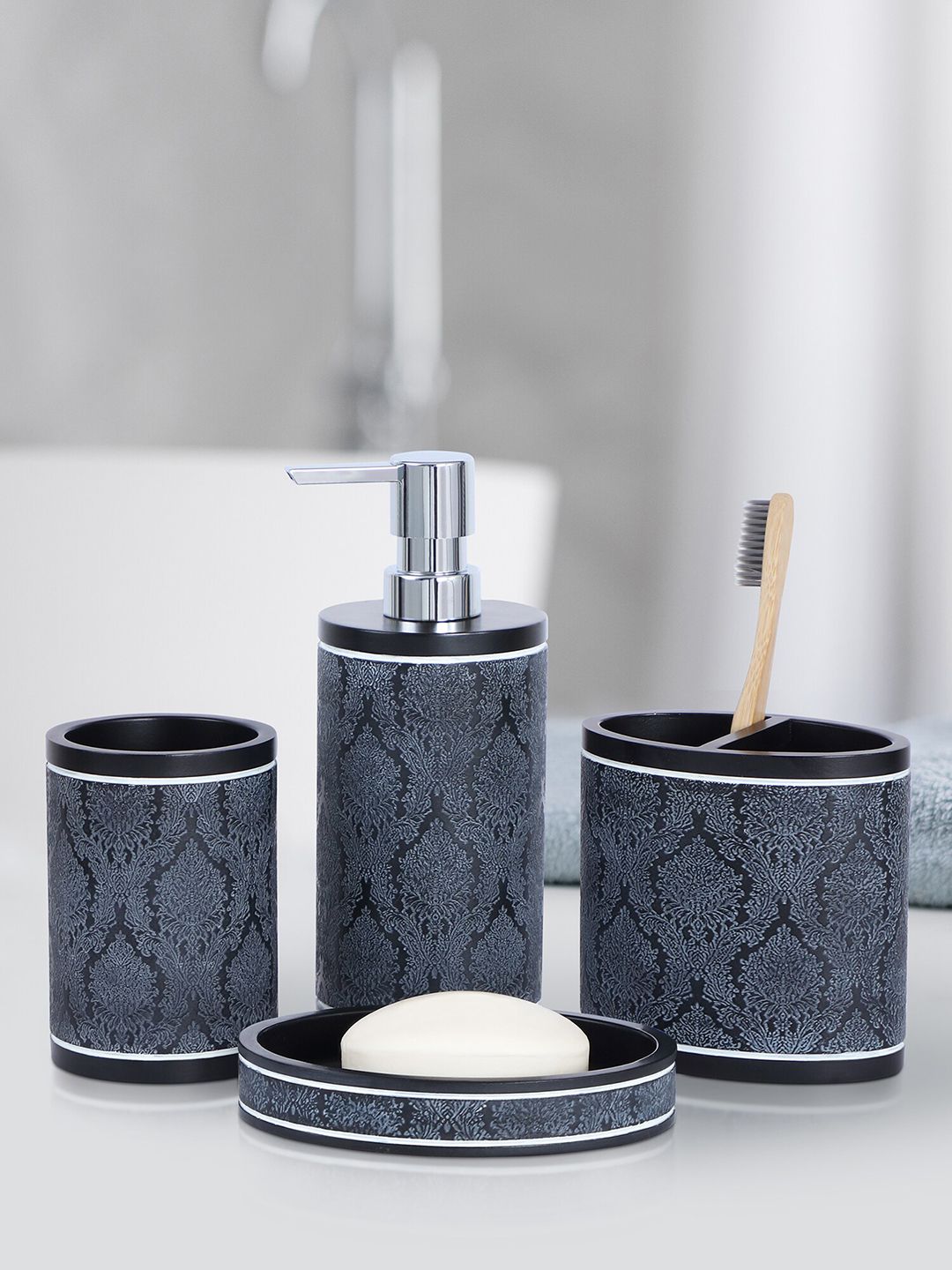 OBSESSIONS 4-Pcs Charcoal Grey Textured Bath Accessories Set-image-33