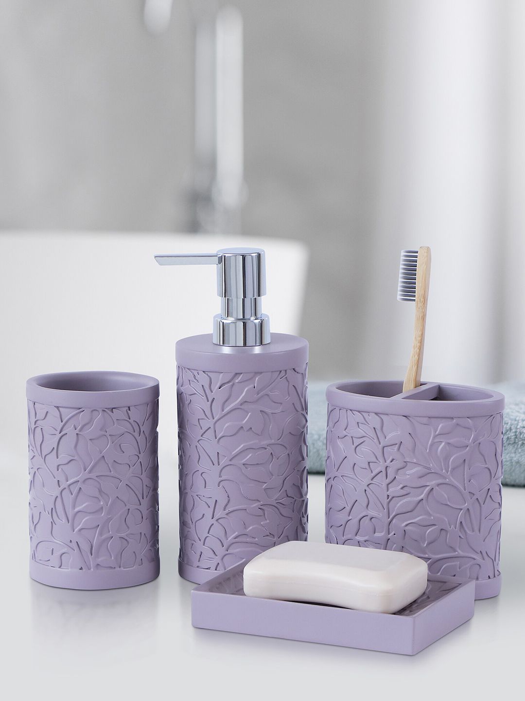 OBSESSIONS Purple 4-Pieces Textured Bath Accessories Set-image-38