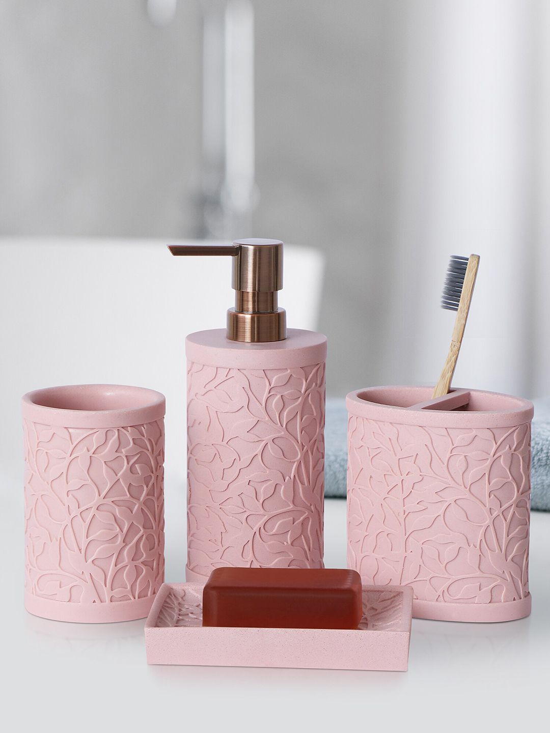 OBSESSIONS Pink 4-Pieces Textured Bath Accessories Set-image-14