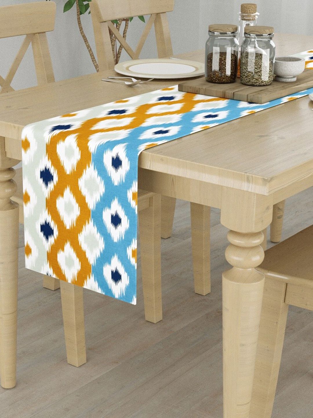 HOMEMONDE White & Blue Printed Pure Cotton 6-Seater Table Runners-picture-11