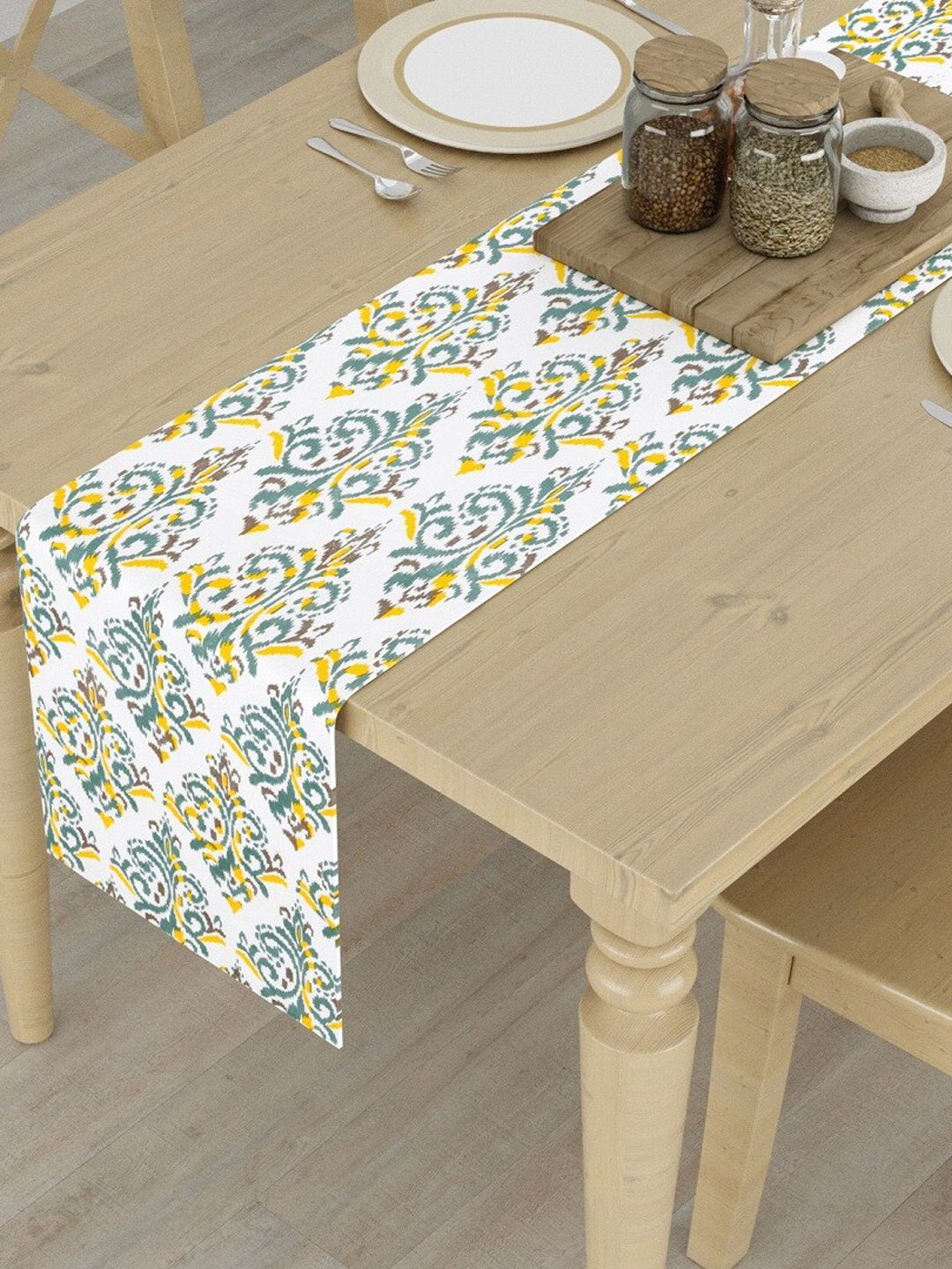 HOMEMONDE Yellow Printed Pure Cotton 4-Seater Table Runners