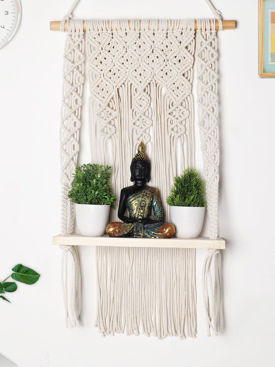 Decazone Beige Wood Macrame Wall Hanging Shelf
