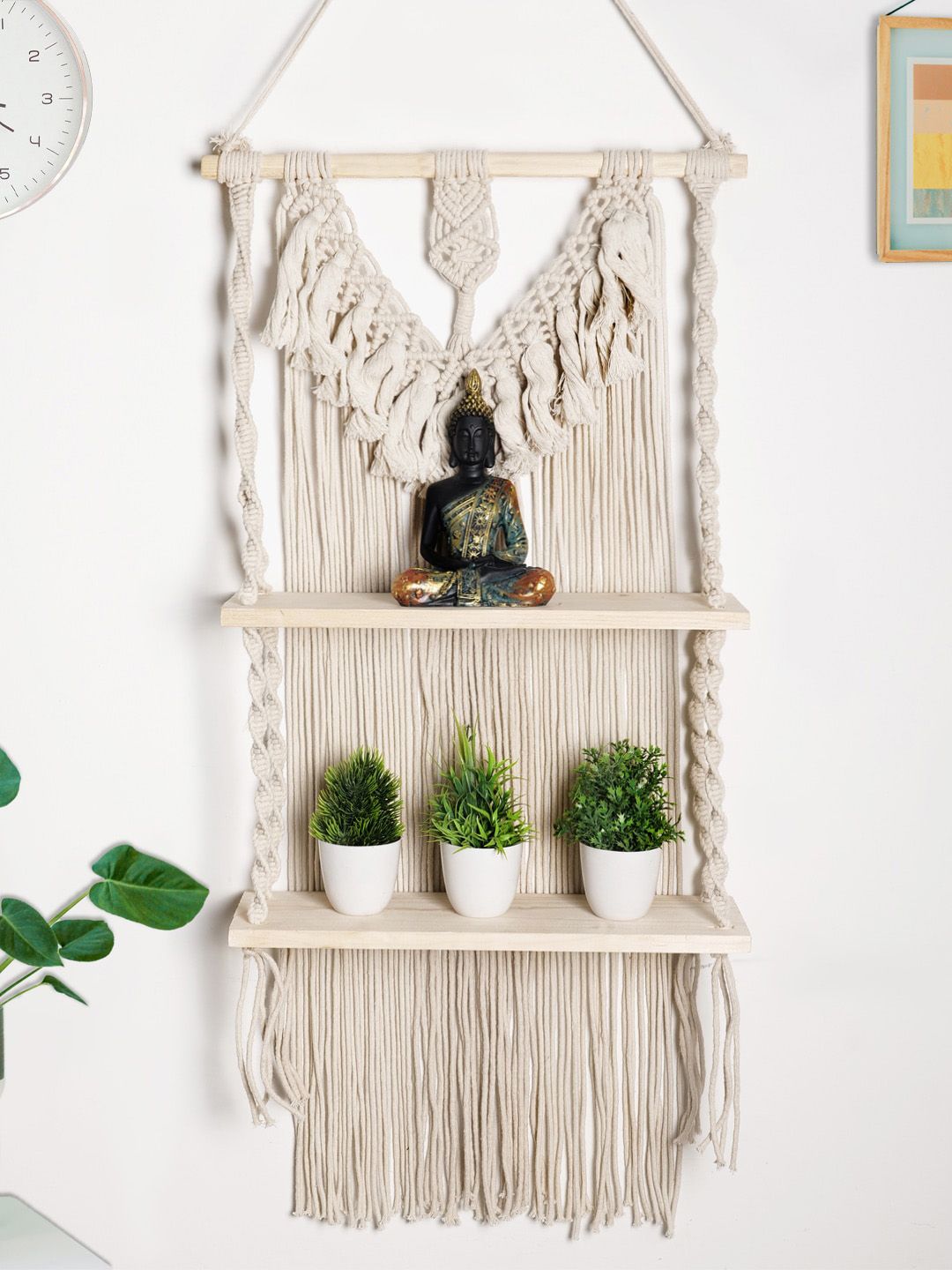 Decazone Beige Wood Macrame Wall Hanging Shelf-image-24