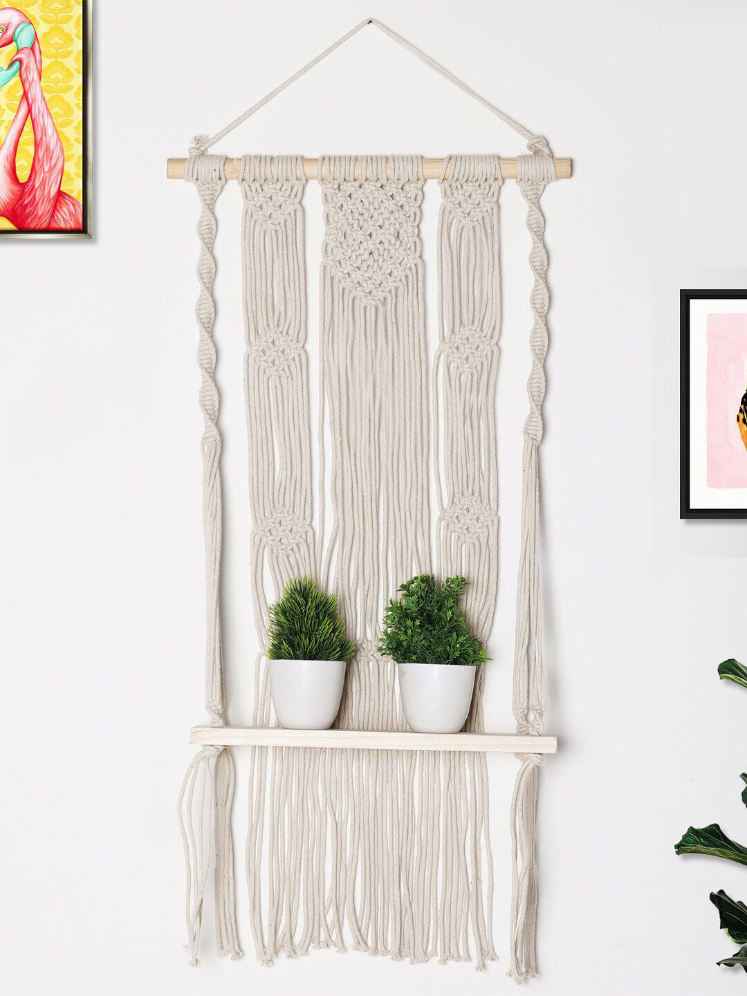 Decazone Beige Wood Macrame Wall Hanging Shelf-picture-32
