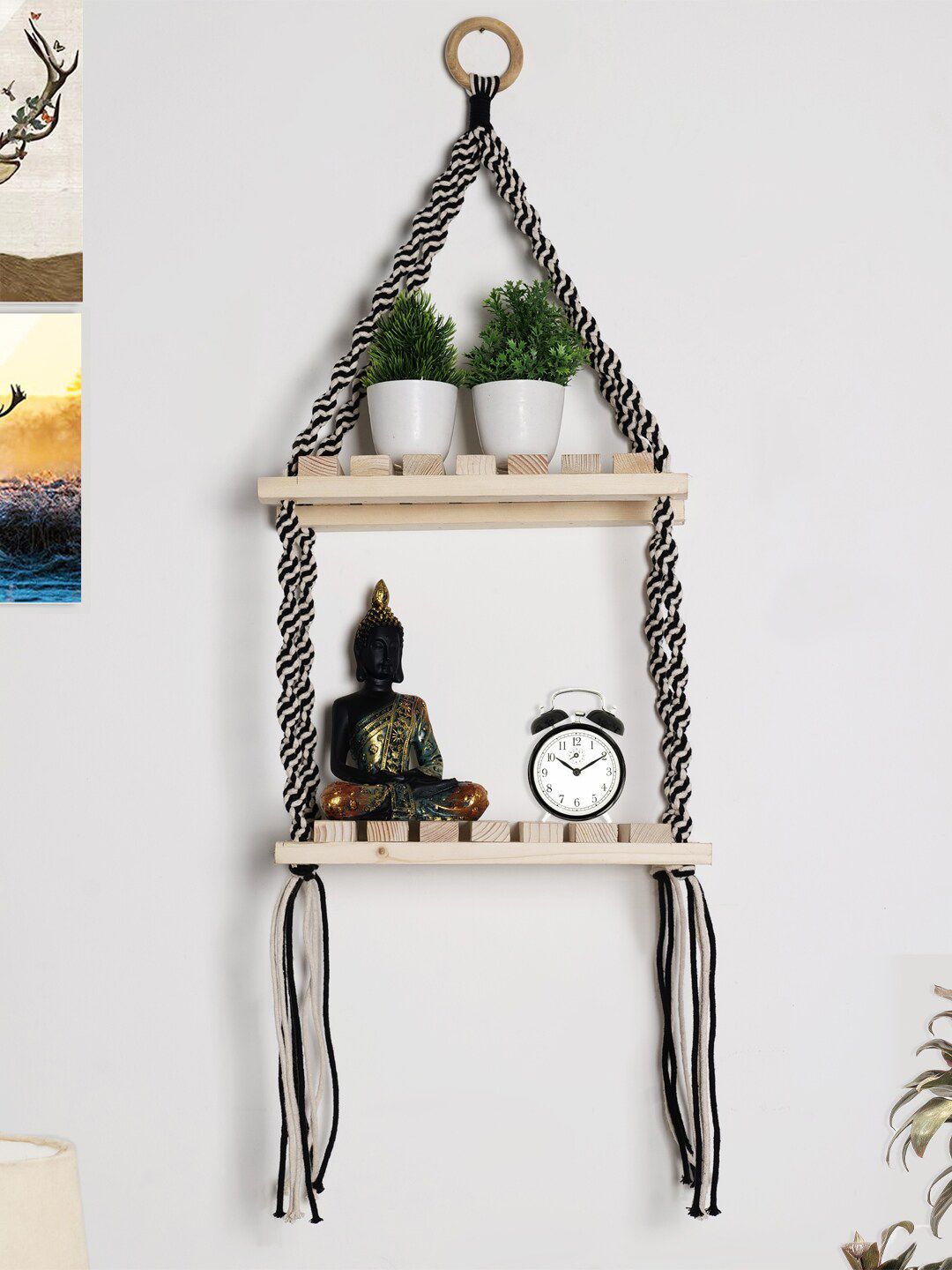 Decazone Beige & Black Wood Macrame Wall Hanging Shelf-image-37