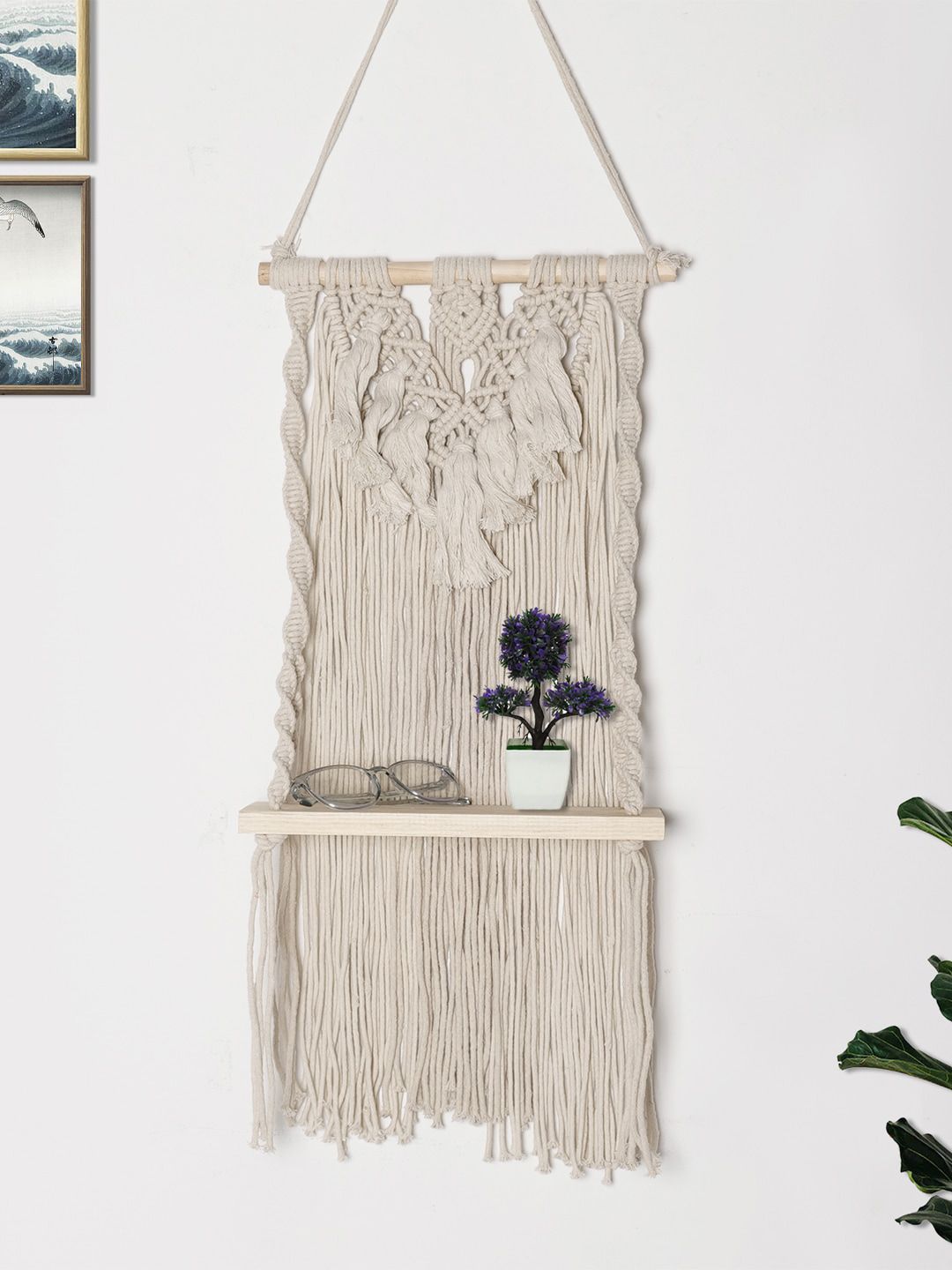 Decazone Beige Wood Macrame Wall Hanging Shelf-image-29