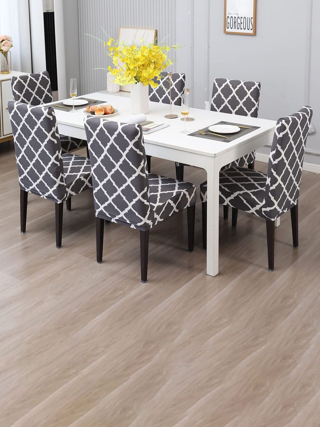 Dakshya Industries Grey & White 6 Pieces Checked Chair Covers