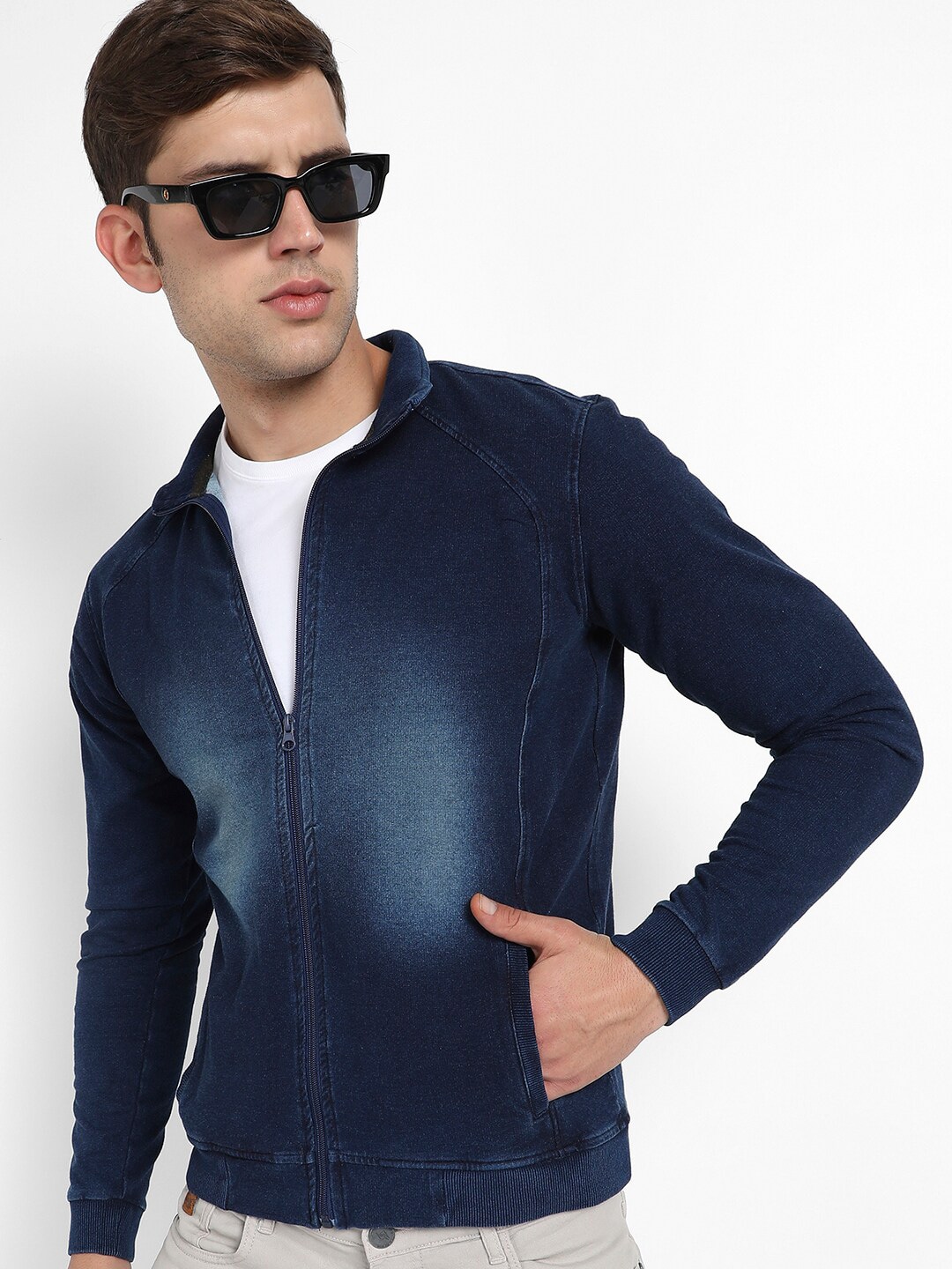 Campus Sutra Navy Blue Windcheater Washed Mock Collar Cotton Bomber Jacket
