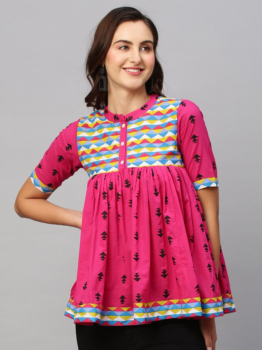 Sangria Geometric Printed Pure Cotton Pleated Anarkali Kurti-picture-49