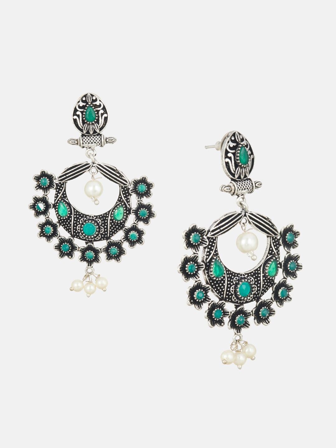 ATIBELLE Silver Plated Floral Shaped Chandbalis