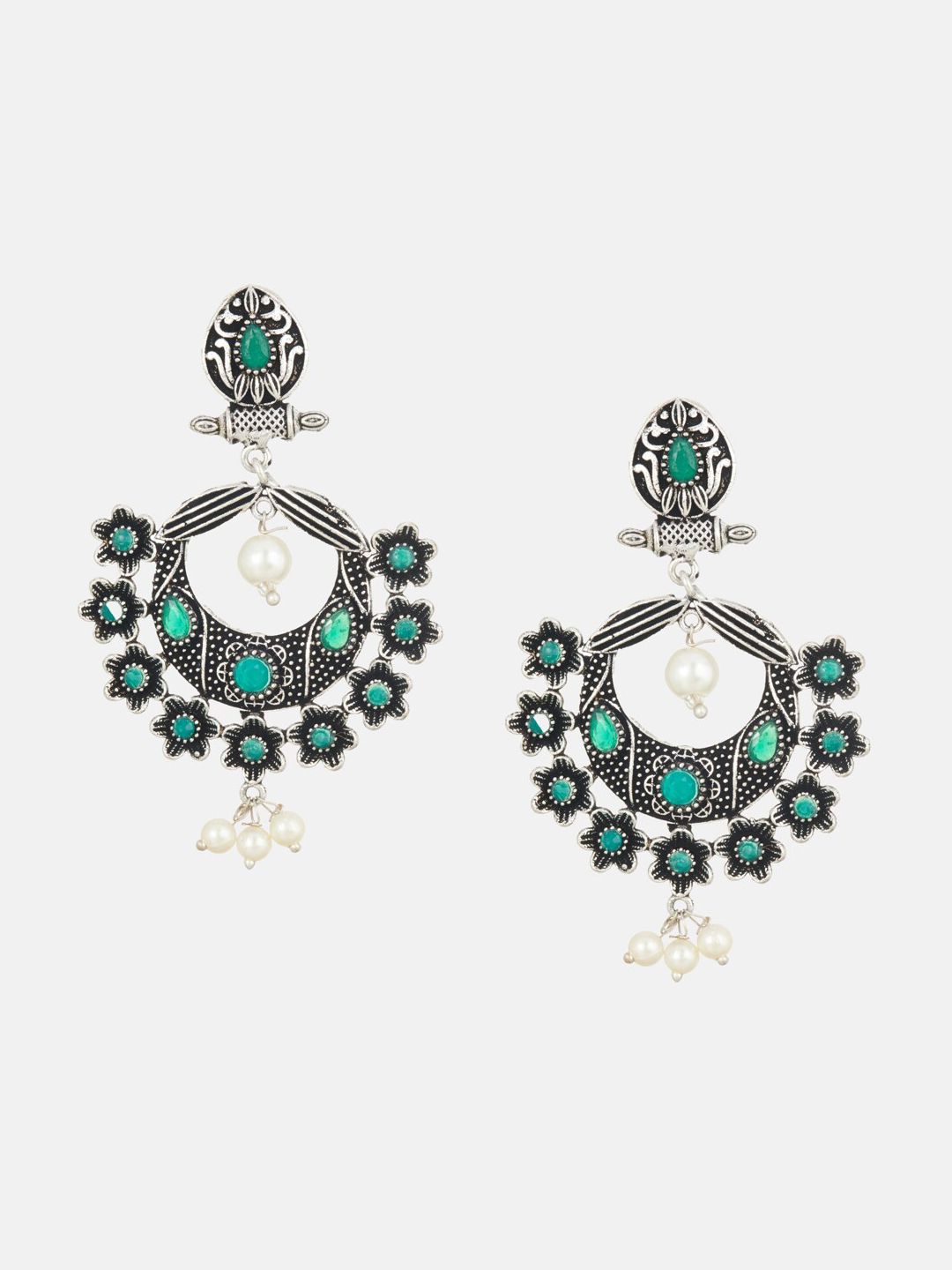 ATIBELLE Silver Plated Floral Shaped Chandbalis