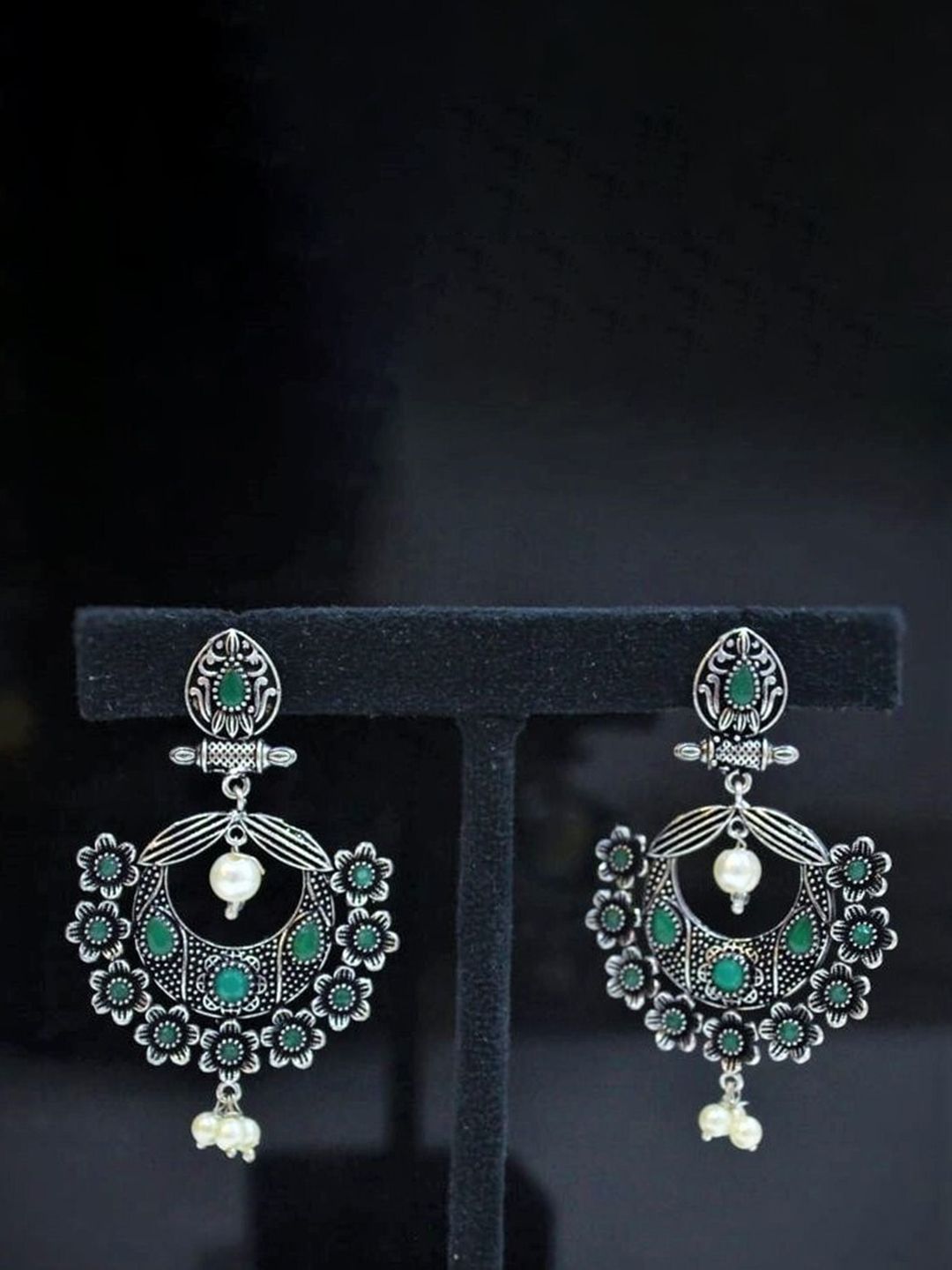 ATIBELLE Silver Plated Floral Shaped Chandbalis