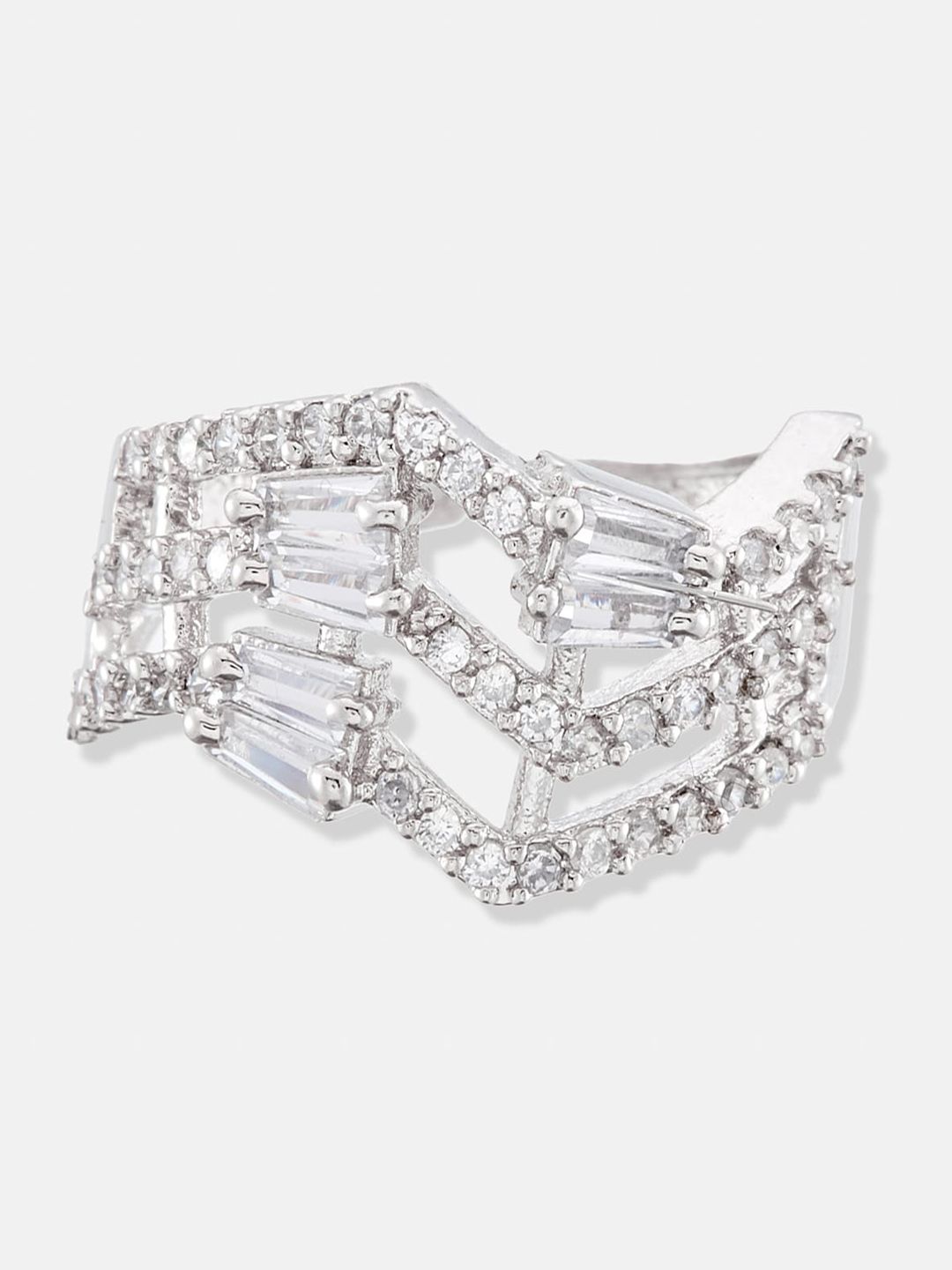 ATIBELLE Silver Plated CZ Studded Adjustable Finger Ring