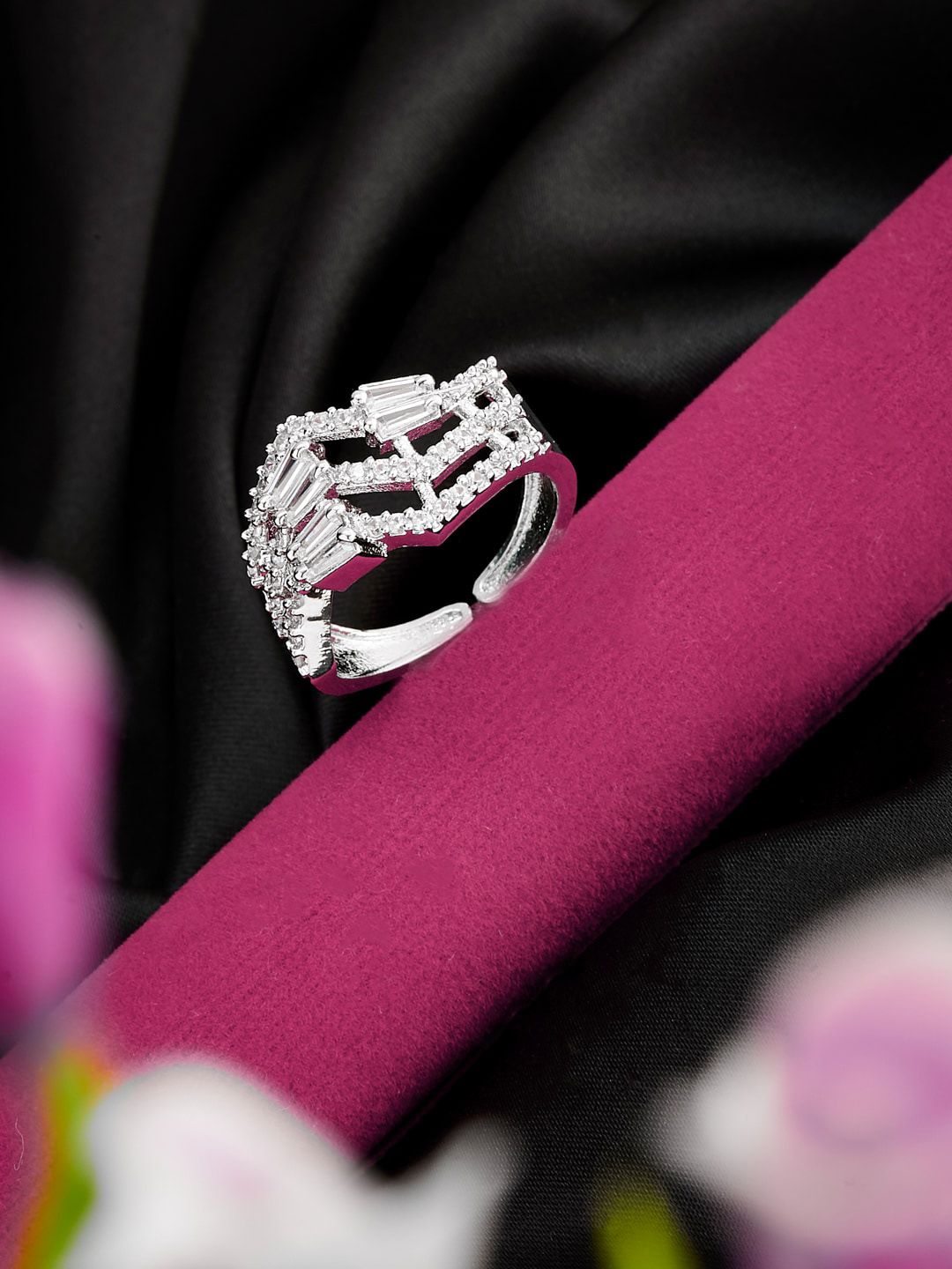 ATIBELLE Silver Plated CZ Studded Adjustable Finger Ring