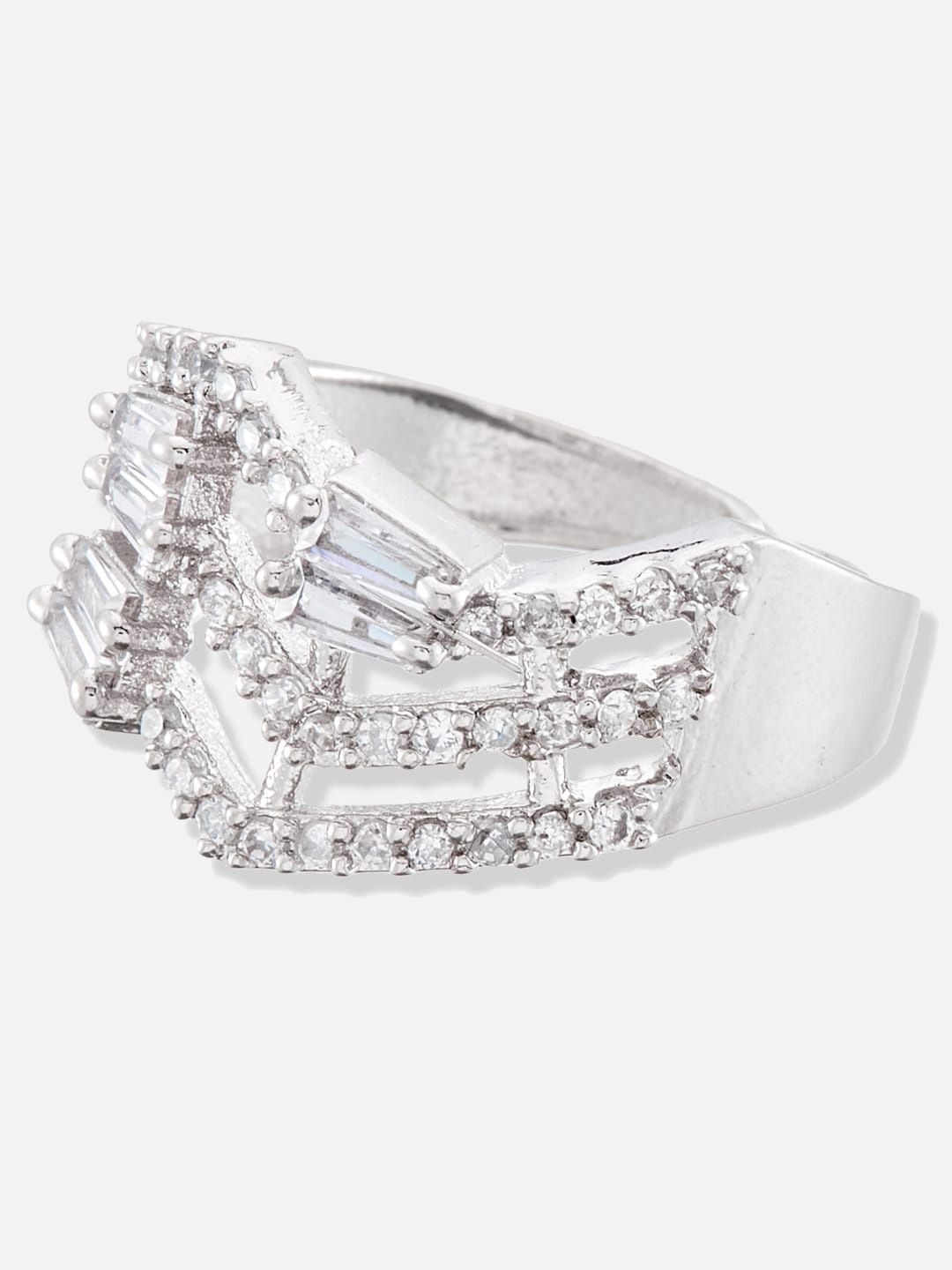 ATIBELLE Silver Plated CZ Studded Adjustable Finger Ring