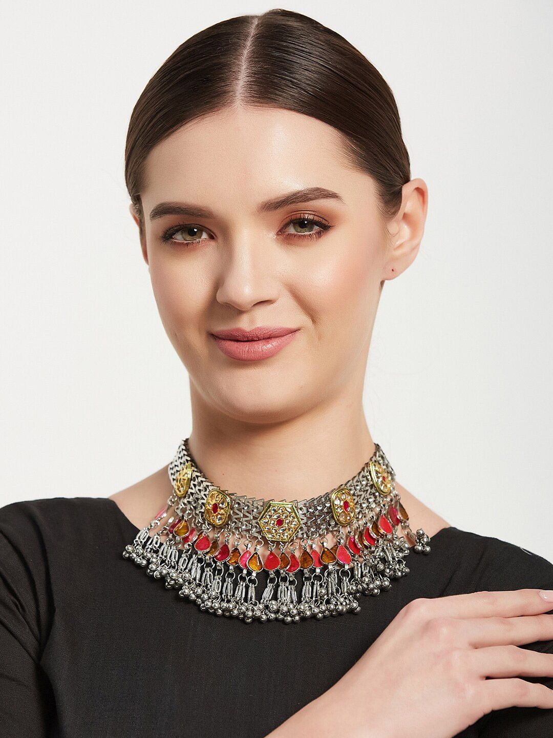 ATIBELLE Silver-Plated Kundan Studded Statement Necklace
