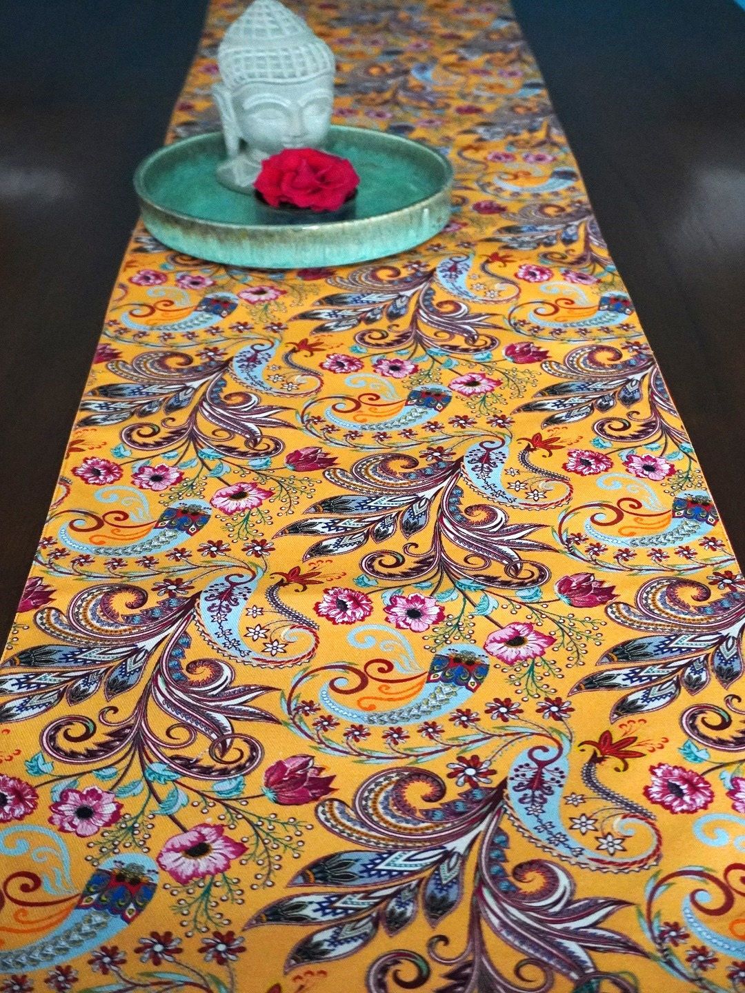 TARA- Sparkling Homes Yellow & Blue Printed Pure Cotton Reversible Table Runner-image-36