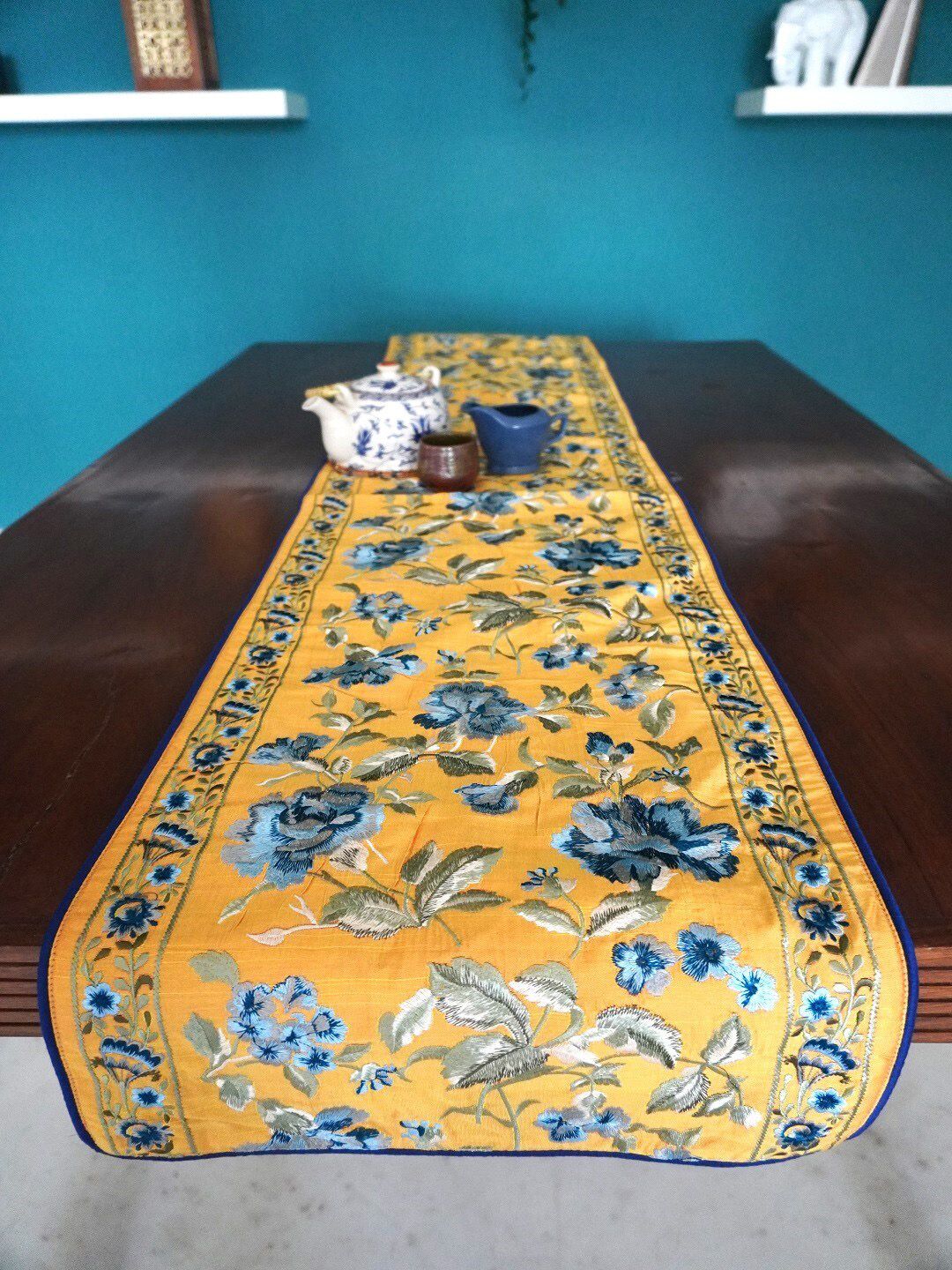 TARA- Sparkling Homes Yellow & Blue Embroidered Reversible Table Runner
