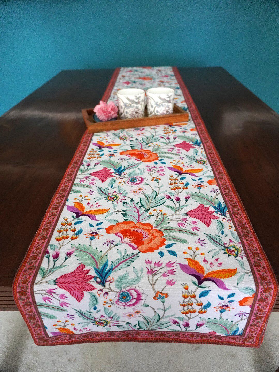TARA- Sparkling Homes White & Peach-Coloured Printed Pure Cotton Reversible Table Runner-image-23