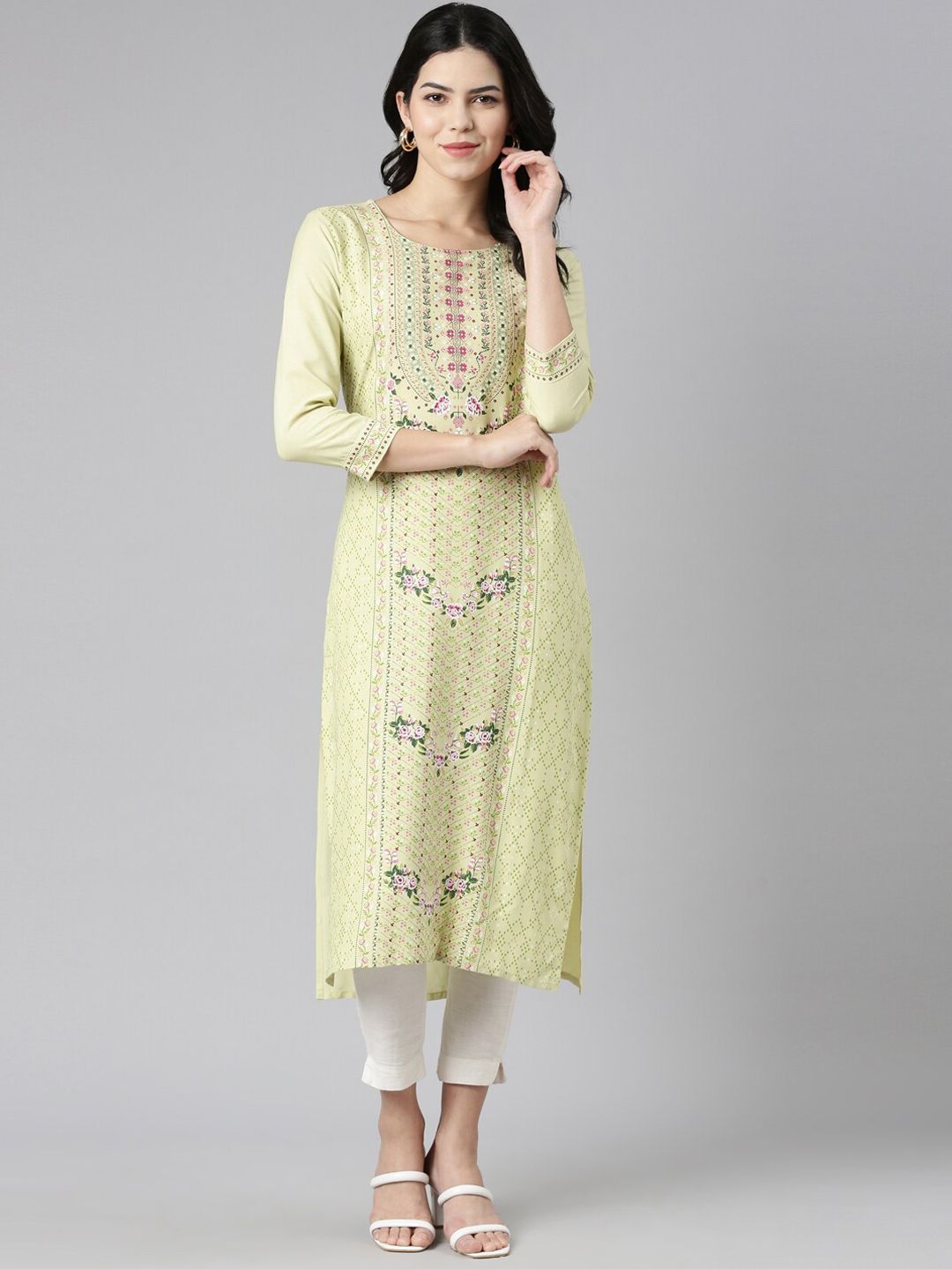 Neerus Floral Printed Round Neck Straight Kurta-image-16