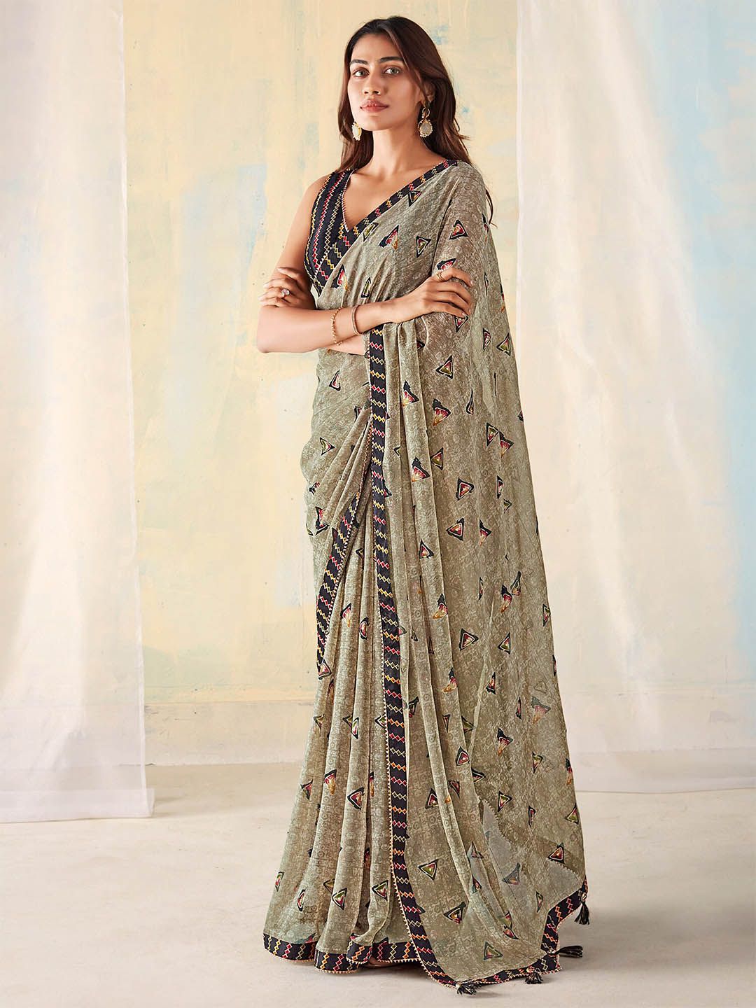 Saree mall Ethnic Motifs Printed Gotta Patti Pure Georgette Sarees