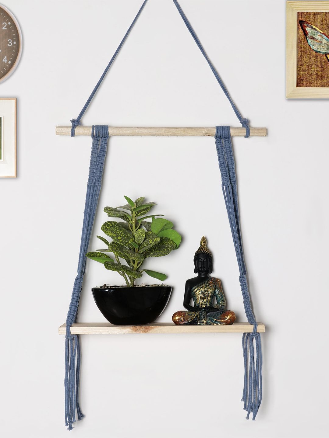 Decazone Blue Wood Macrame Hanging Wall Shelf
