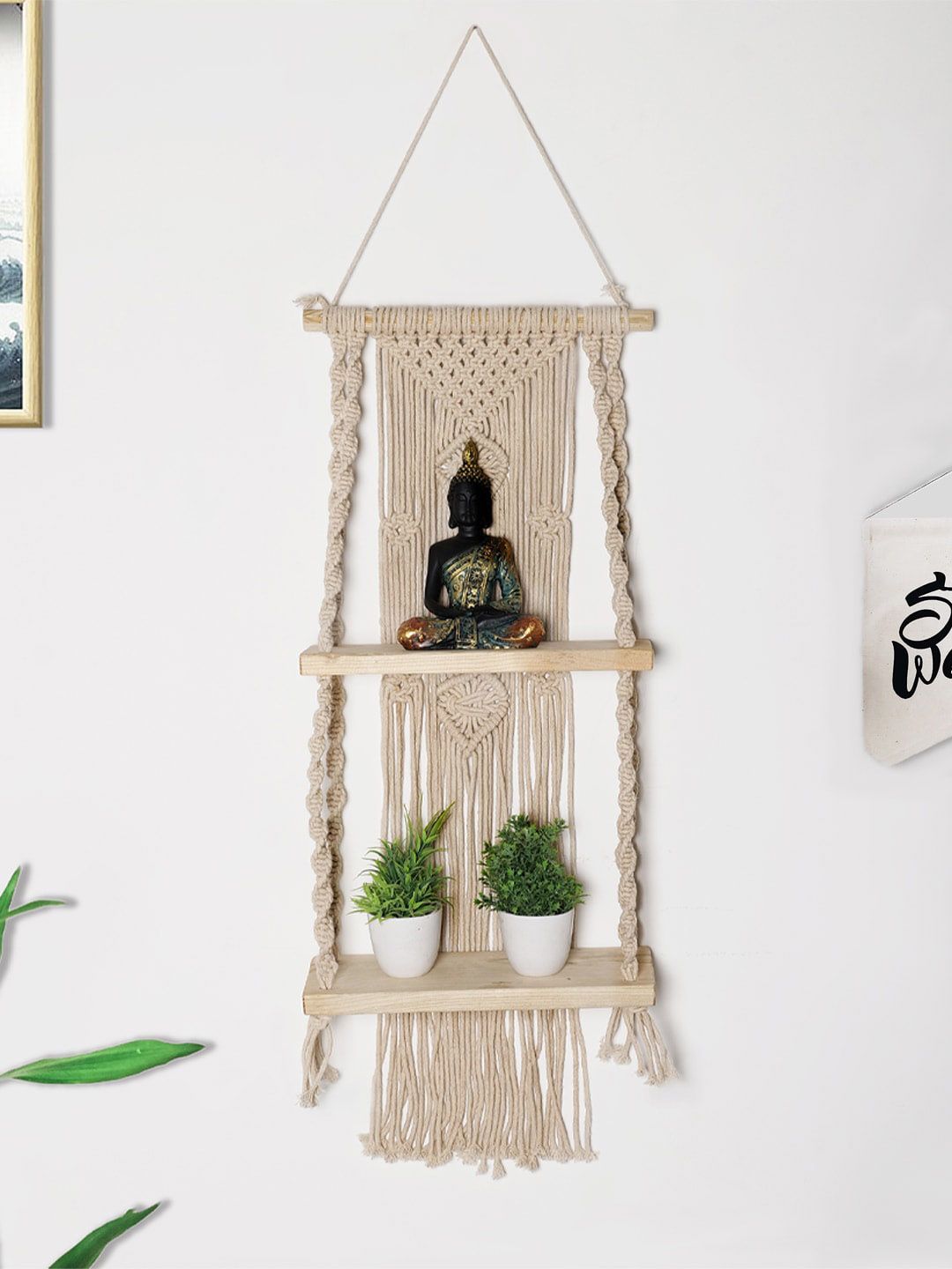 Decazone Beige Wood 2-Tier Macrame Hanging Wall Shelf