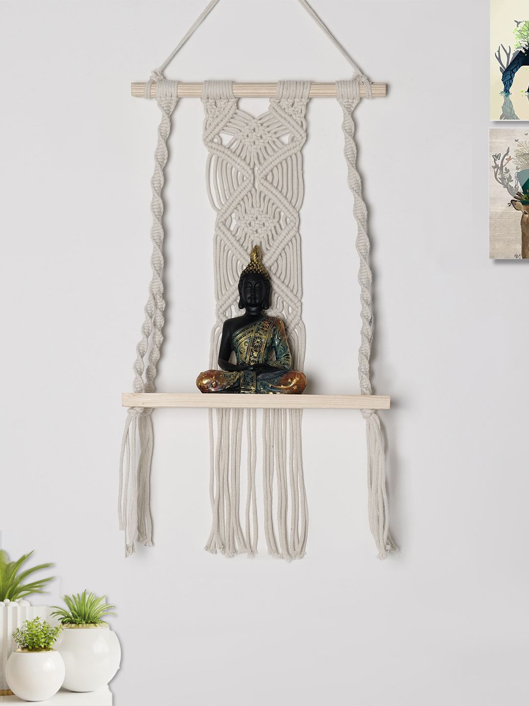 Decazone Beige Wood Macrame Hanging Wall Shelf