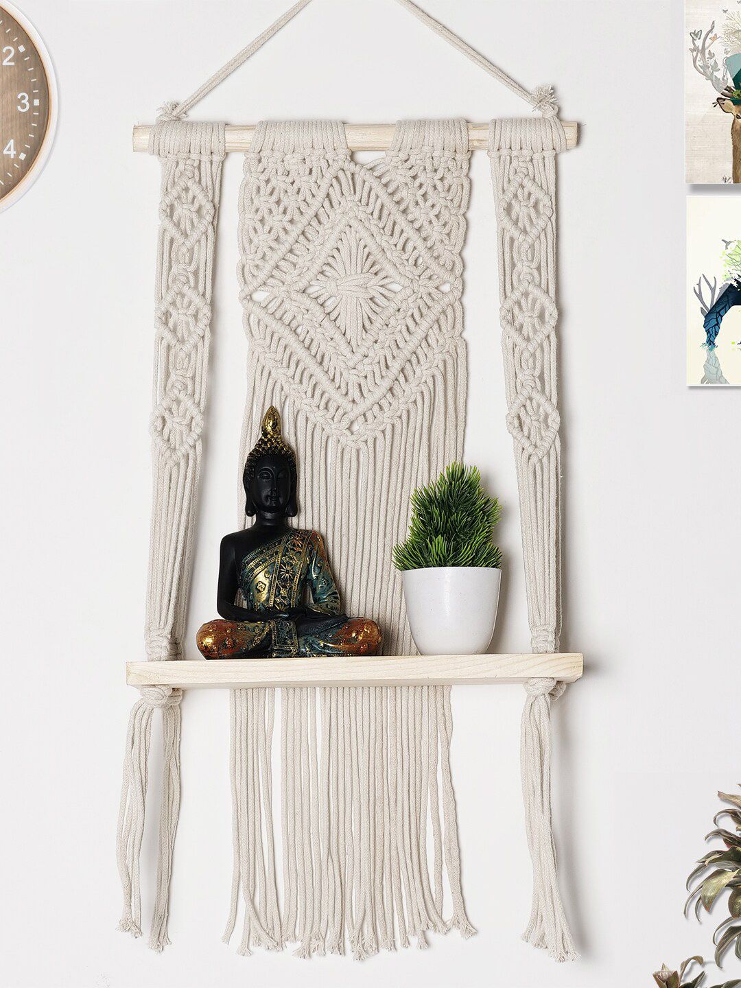 Decazone Beige Wood Macrame Hanging Wall Shelf-image-13