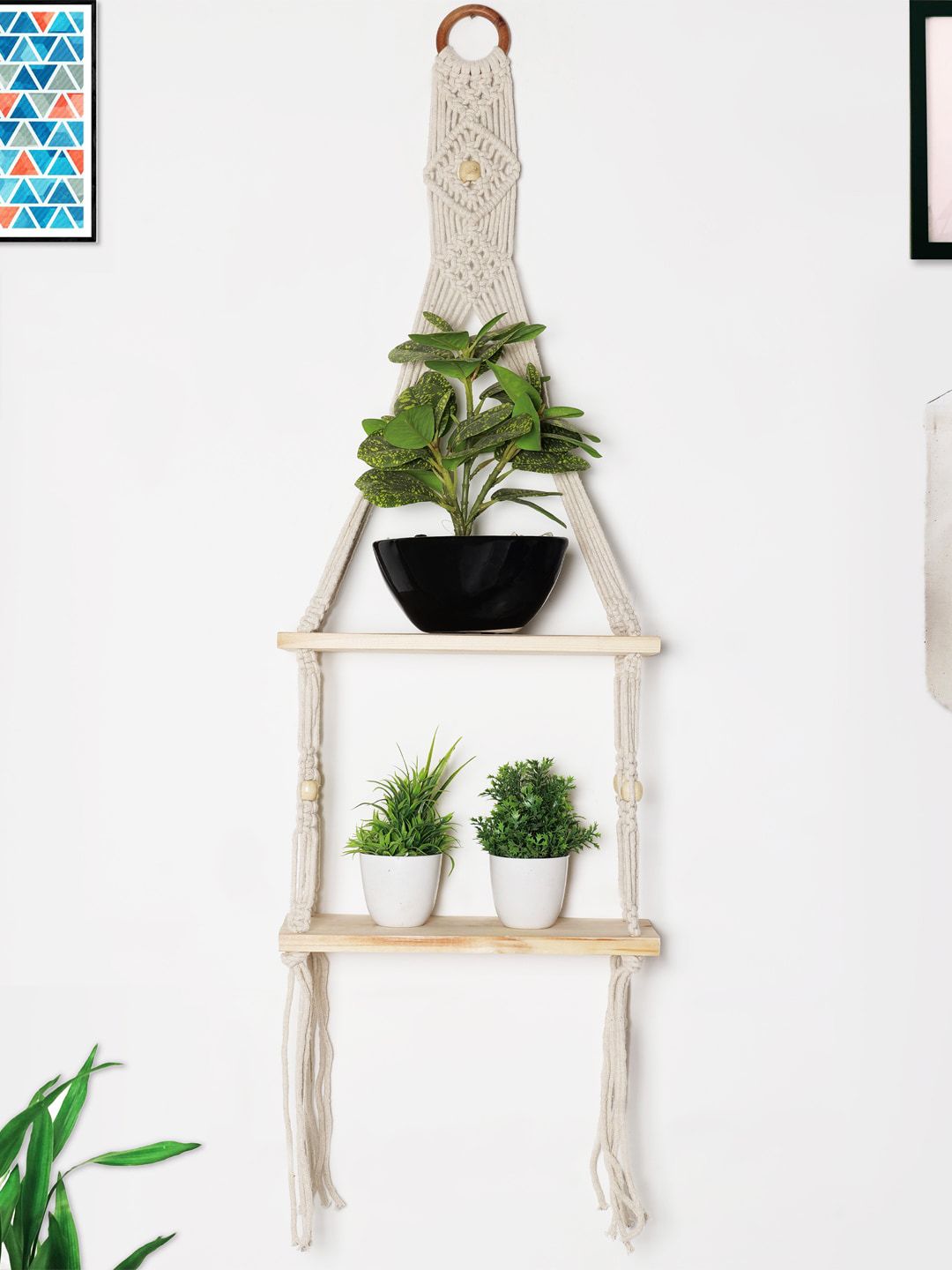 Decazone Beige Wood 2-Tier Macrame Hanging Wall Shelf-image-19