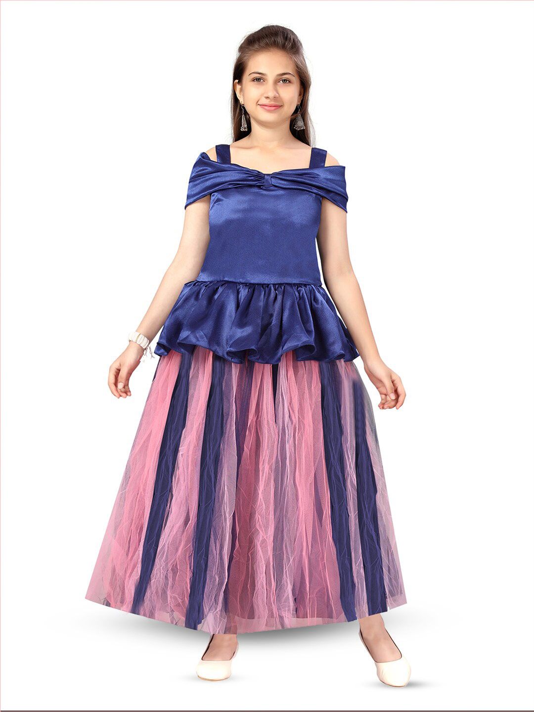 BAESD Girls Gathered Detailed Cold-Shoulder Silk Gown-image-1