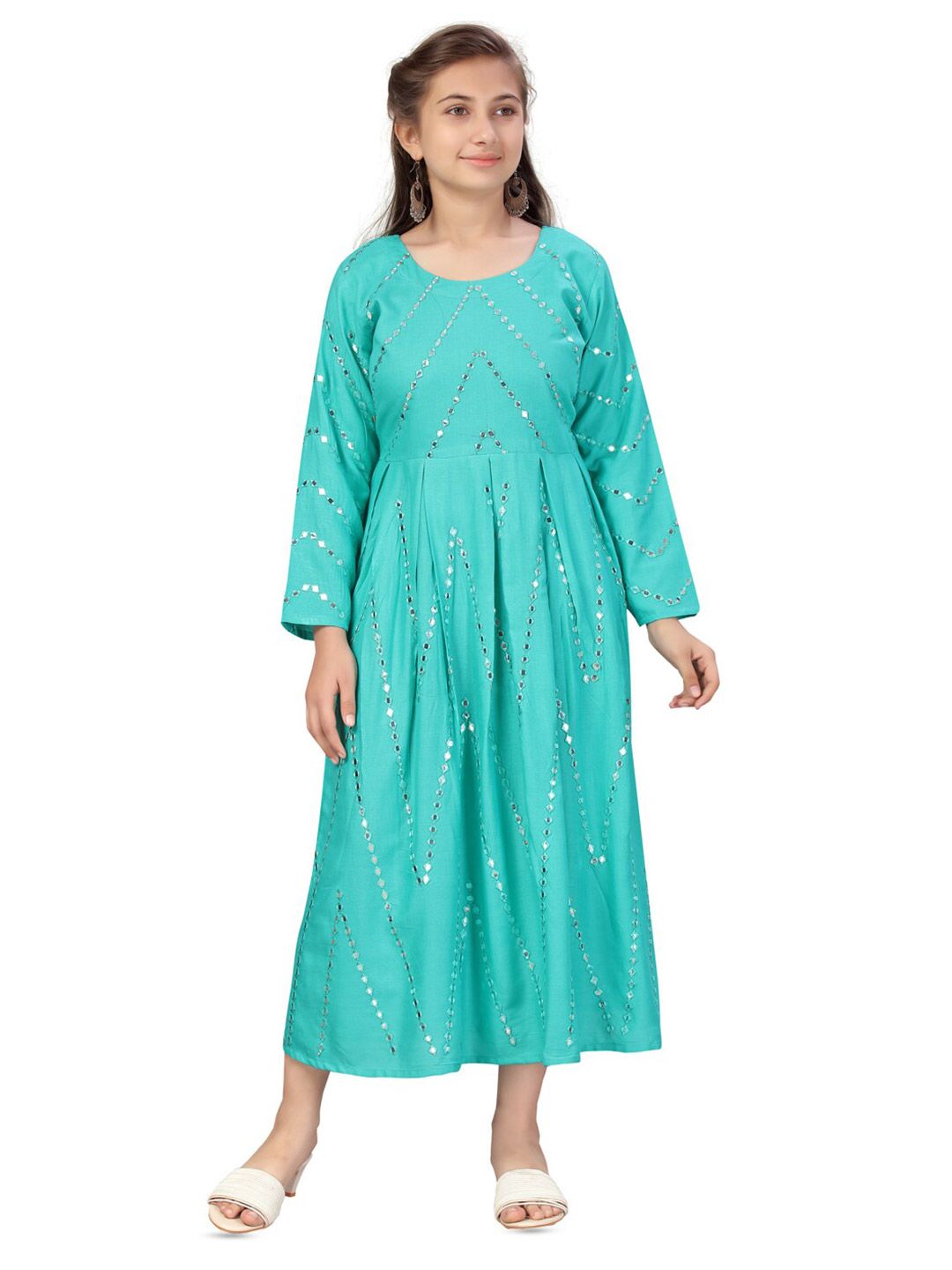 BAESD Girls Embellished Round Neck Embroidered Cotton Fit & Flare Midi Ethnic Dress-picture-30