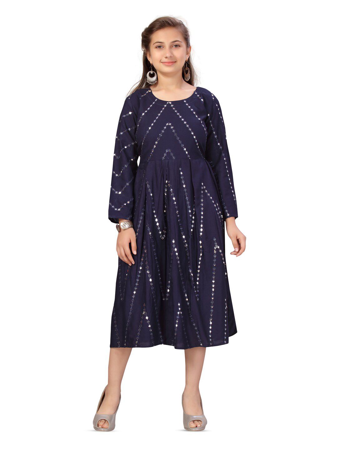 BAESD Girls Ethnic Motifs Embroidered Mirror Work Fit & Flare Cotton Dress-image-35
