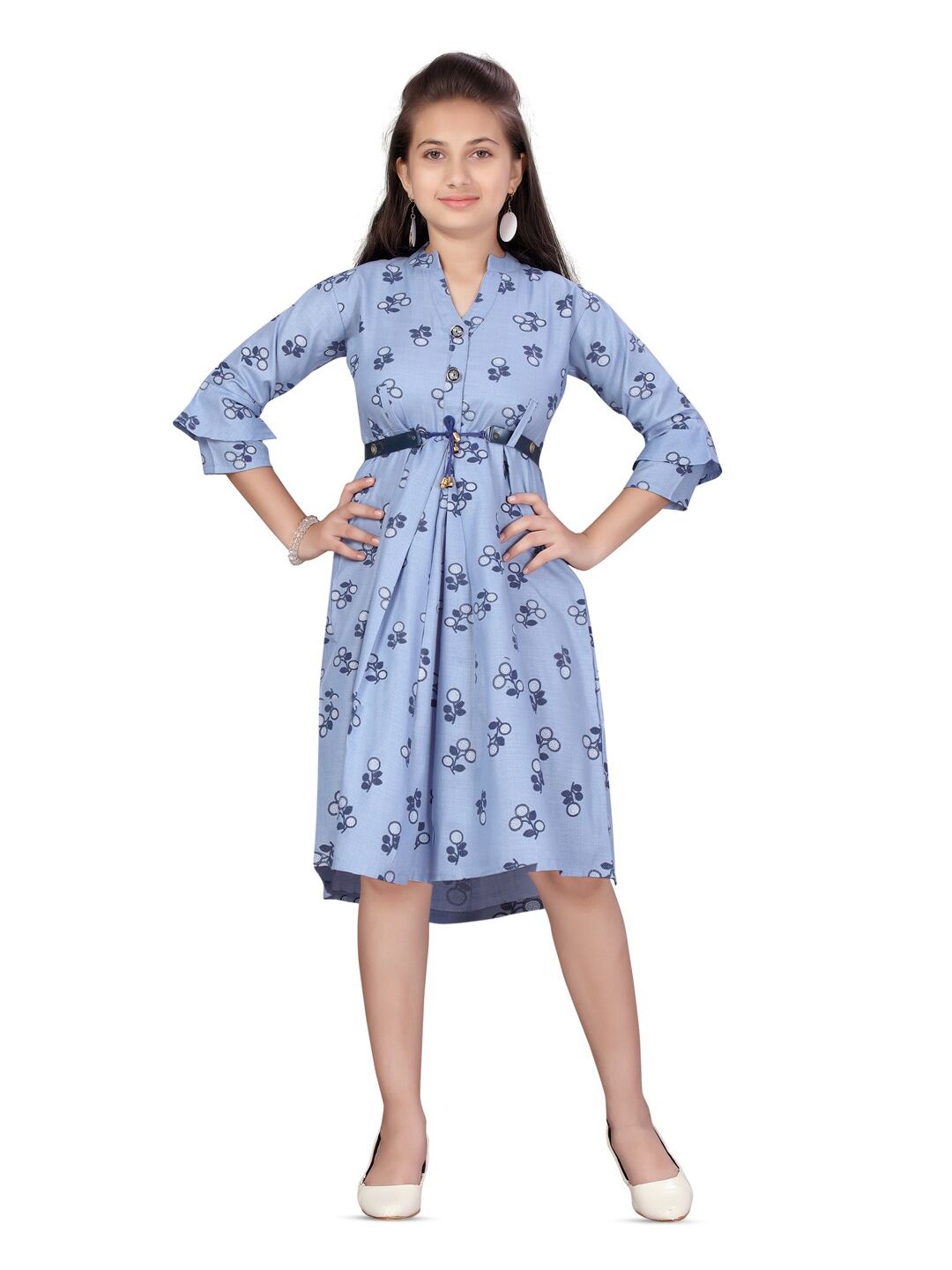 BAESD Girls Floral Printed Belt Detailed Mandarin Collar Cotton A-Line Dress-picture-33