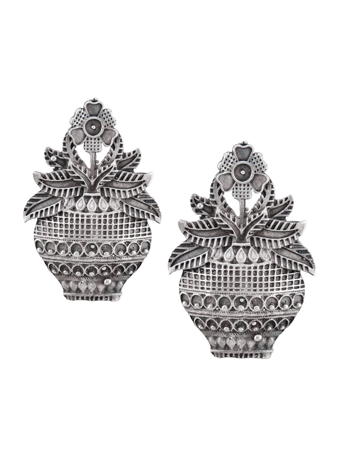 ATIBELLE Set Of 2 Silver-Plated Circular Oxidised Studs Earrings