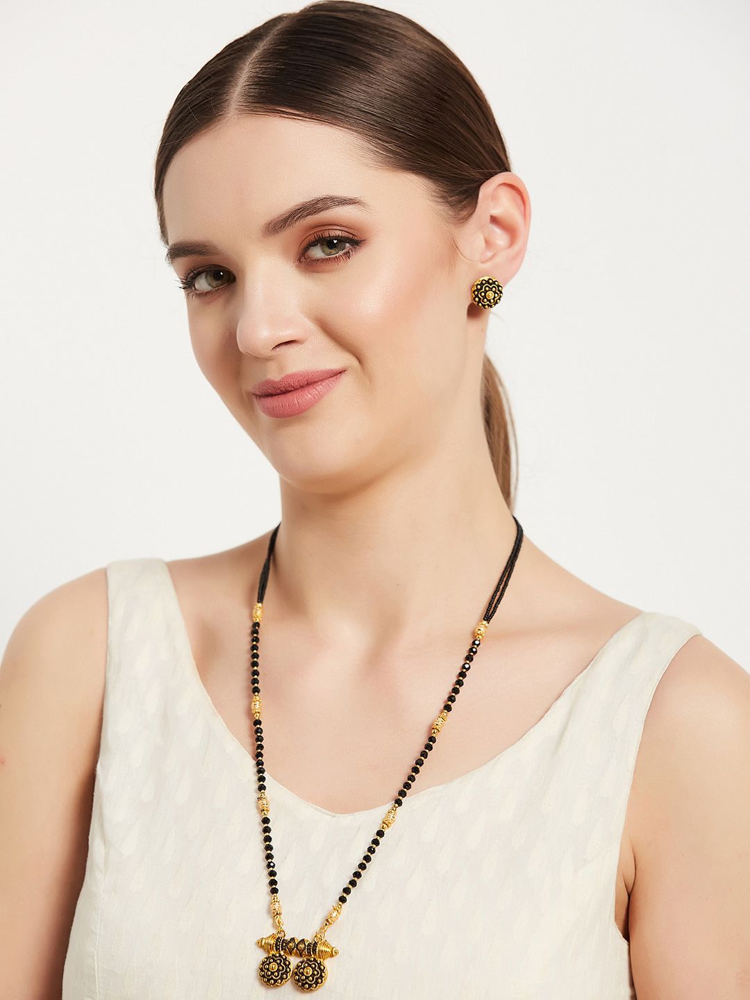 ATIBELLE Set Of 2 Gold Plated & Stone Studded Mangalsutra & Earrings