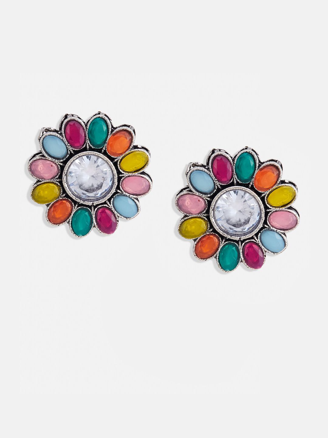 ATIBELLE Set of 2 Silver Plated Kundan Stone Studded & Floral Studs Earrings